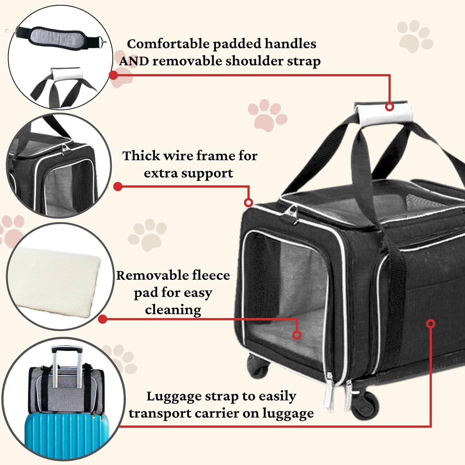 Ruff Life Airline Approved Expandable Premium Pet Carrier on Wheels- Two Sided Expandable Rolling Carrier- Designed for Dogs & Cats- Extra Spacious Soft Lined Carrier! - Pink