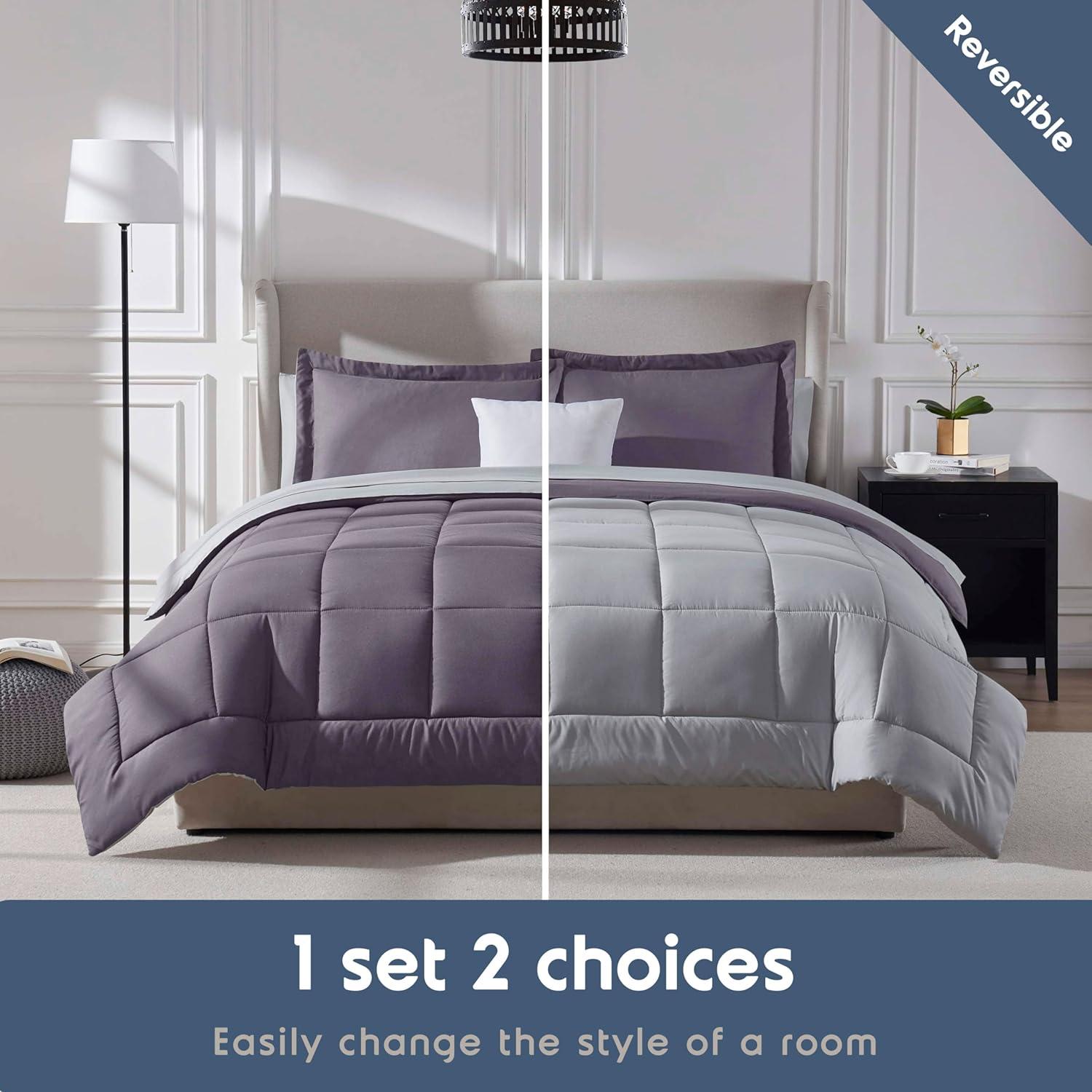 Nestl Bed in a Bag Reversible, 7 Piece Queen Size Bedding Set - Grayish Purple/Light Grey