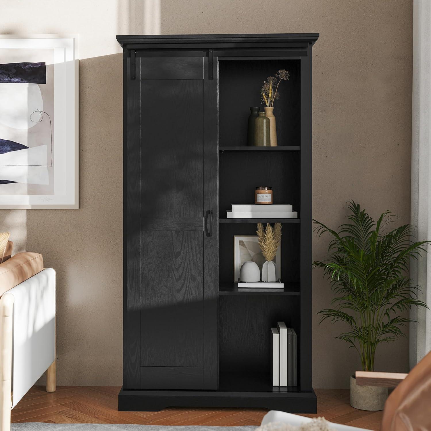 Black Wood Farmhouse Storage Cabinet with Sliding Barn Door