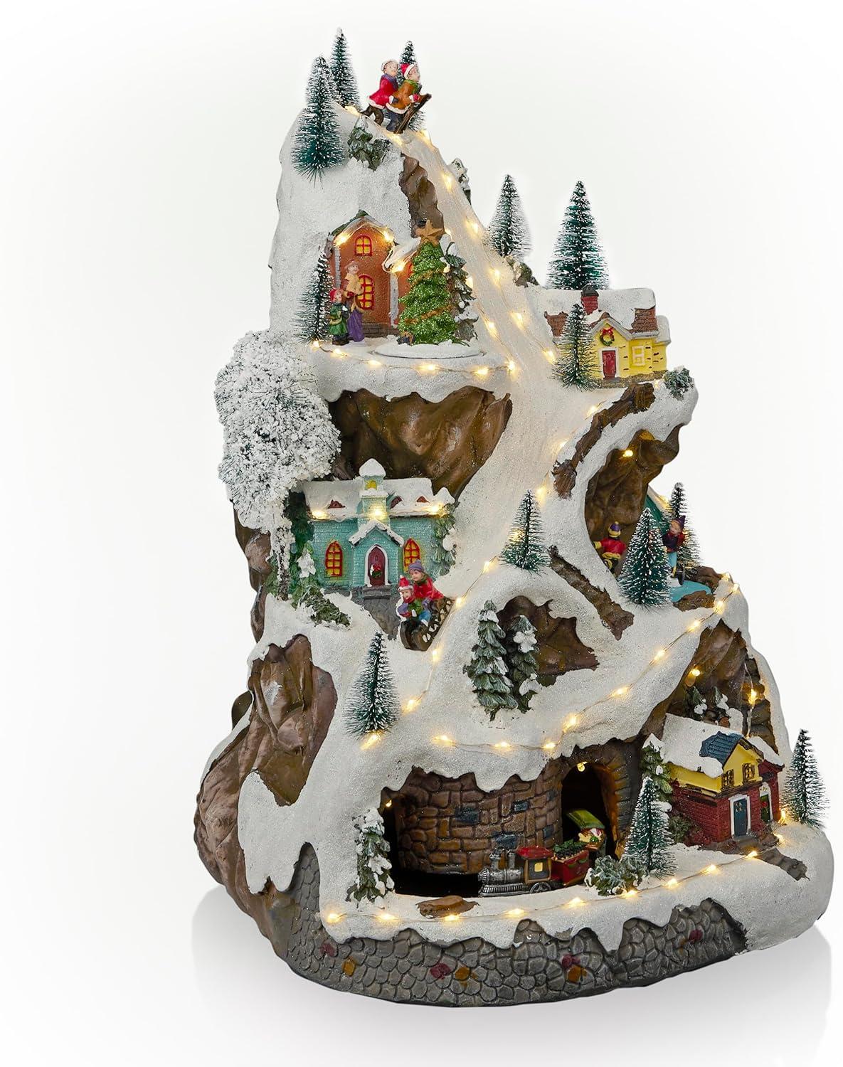 18-Inch Snowy Mountain Village with LED Lights and Music