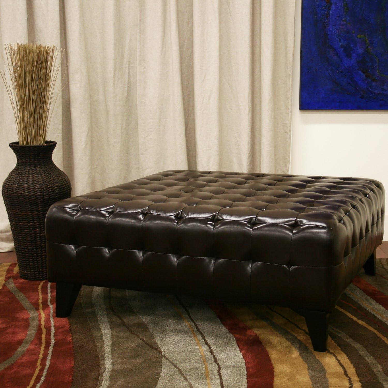 Pemberly Tufted Dark Brown Bonded Leather Large Square Ottoman