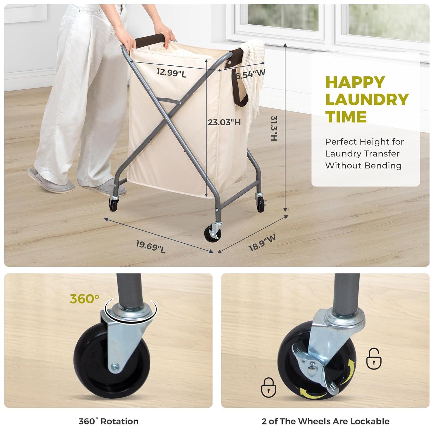 Rolling Laundry Basket with 125L Capacity, Heavy Duty Hamper with Removable Bag, 2-Section Folding X Frame Laundry Organizer Cart with Wheels for Easy Storage