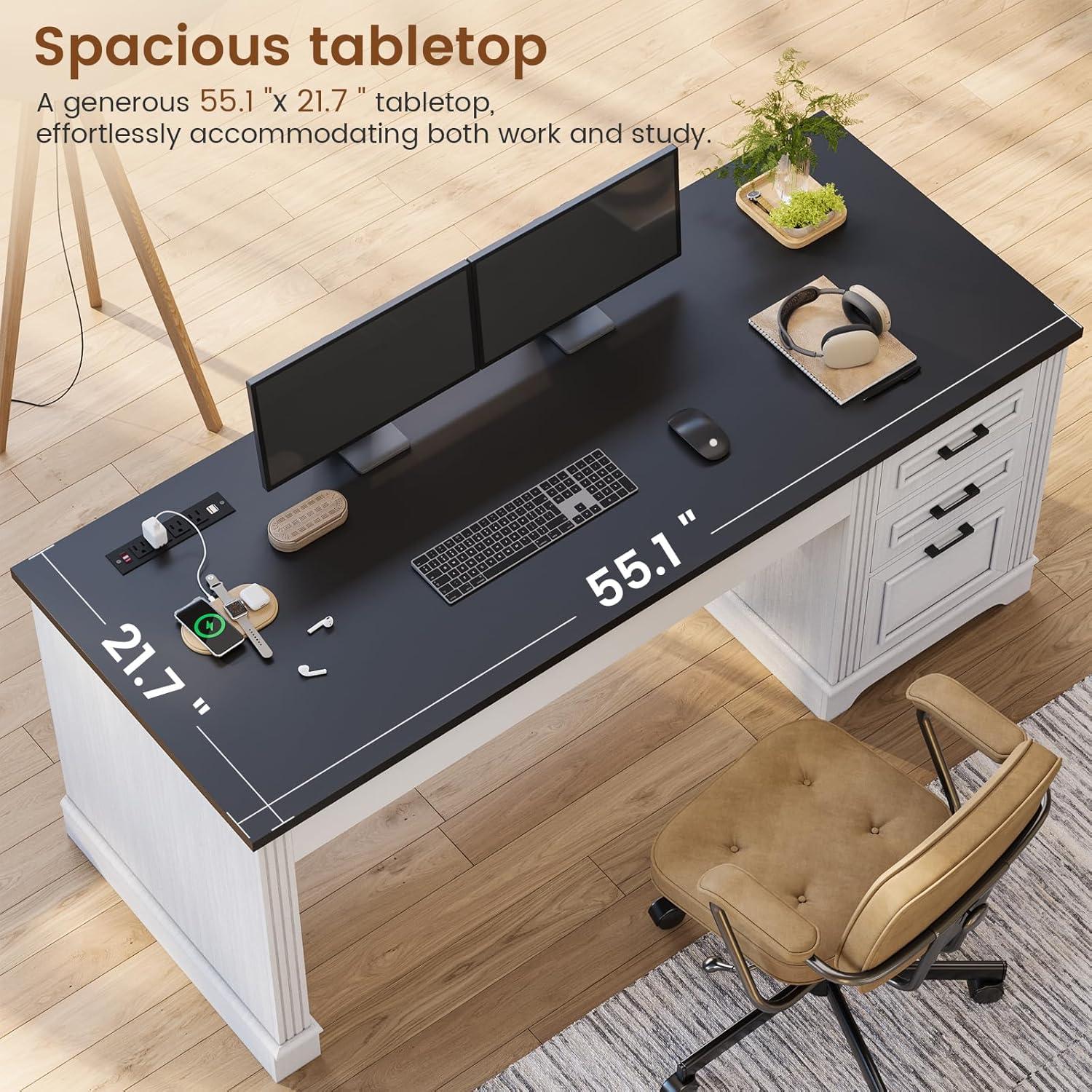 SEDETA Office Desk with 3 Drawers, 55" Executive Computer Desk with Storage Drawers, Farmhouse Desk with Power Outlet for Home Office, White