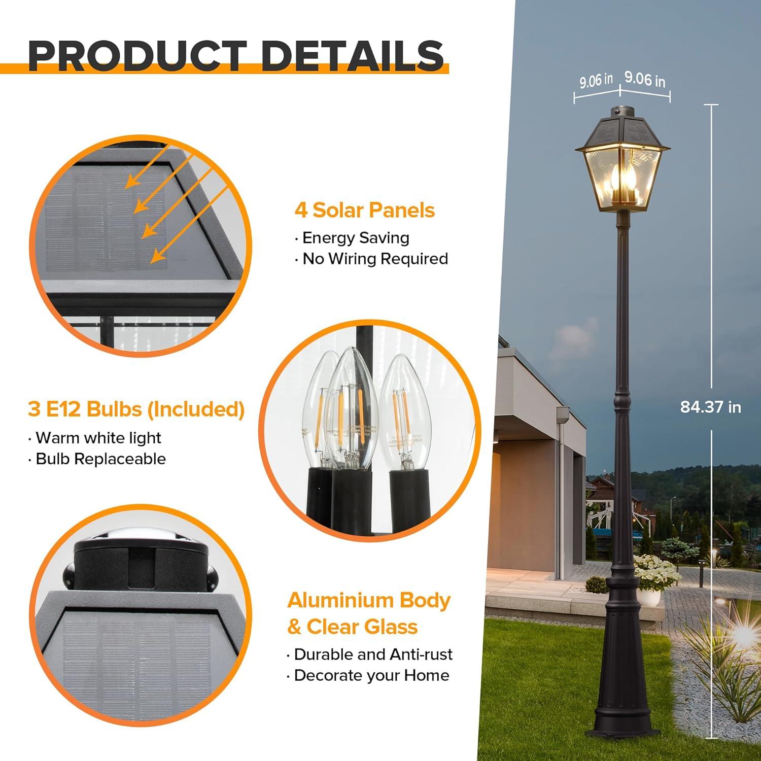 Black Aluminum Solar LED Lamp Post with Clear Glass Shade