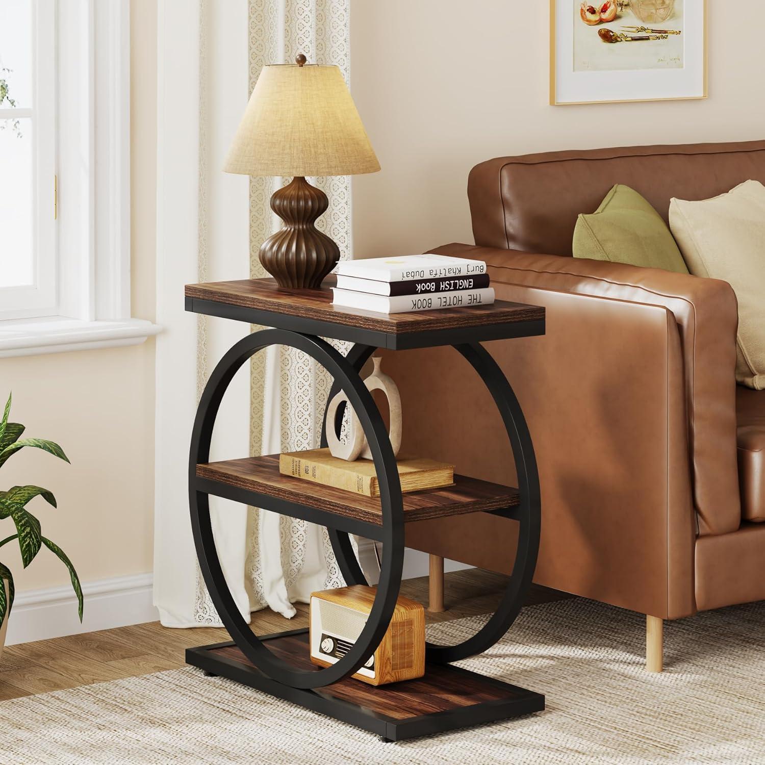 Industrial Dark Wood and Black Metal 3-Tier End Table