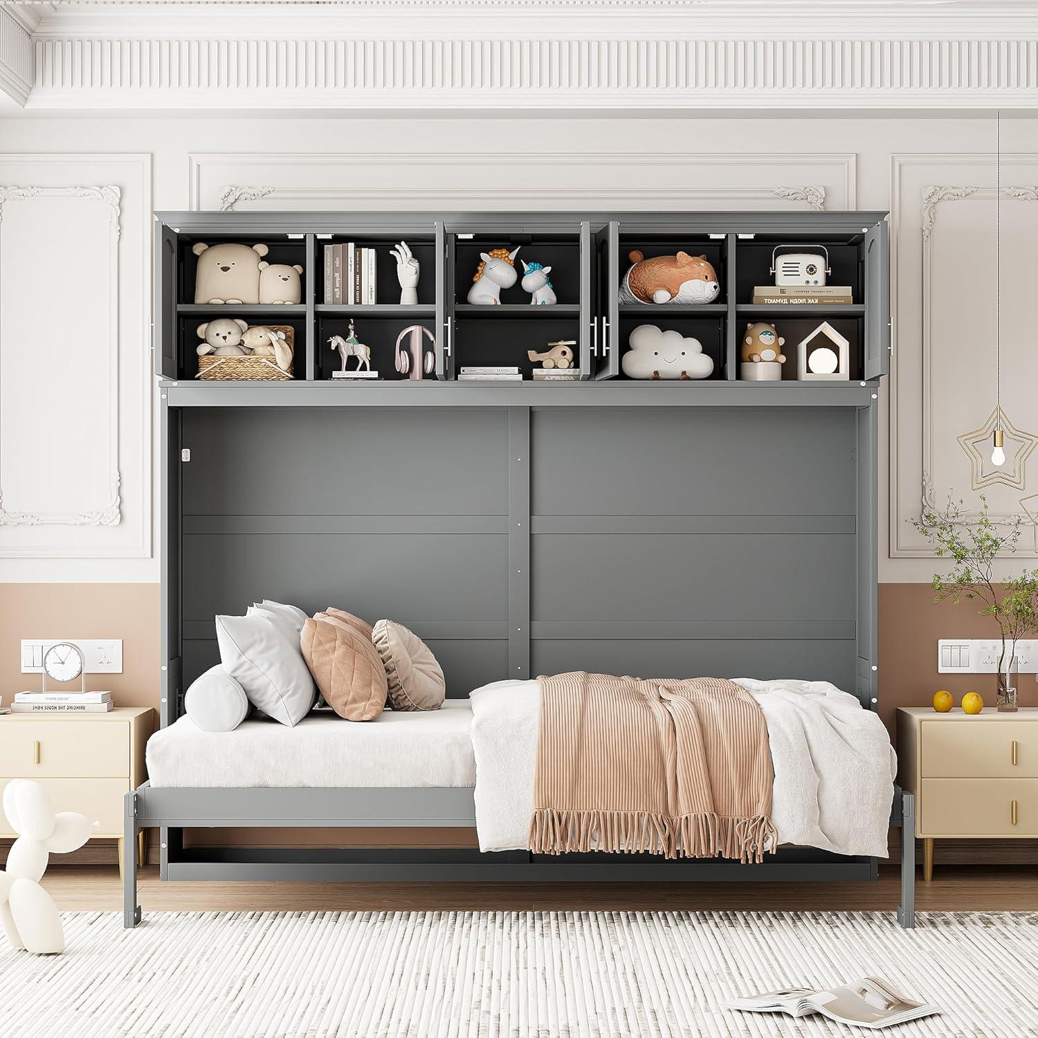 Gray Queen Size Murphy Bed with Storage Cabinets