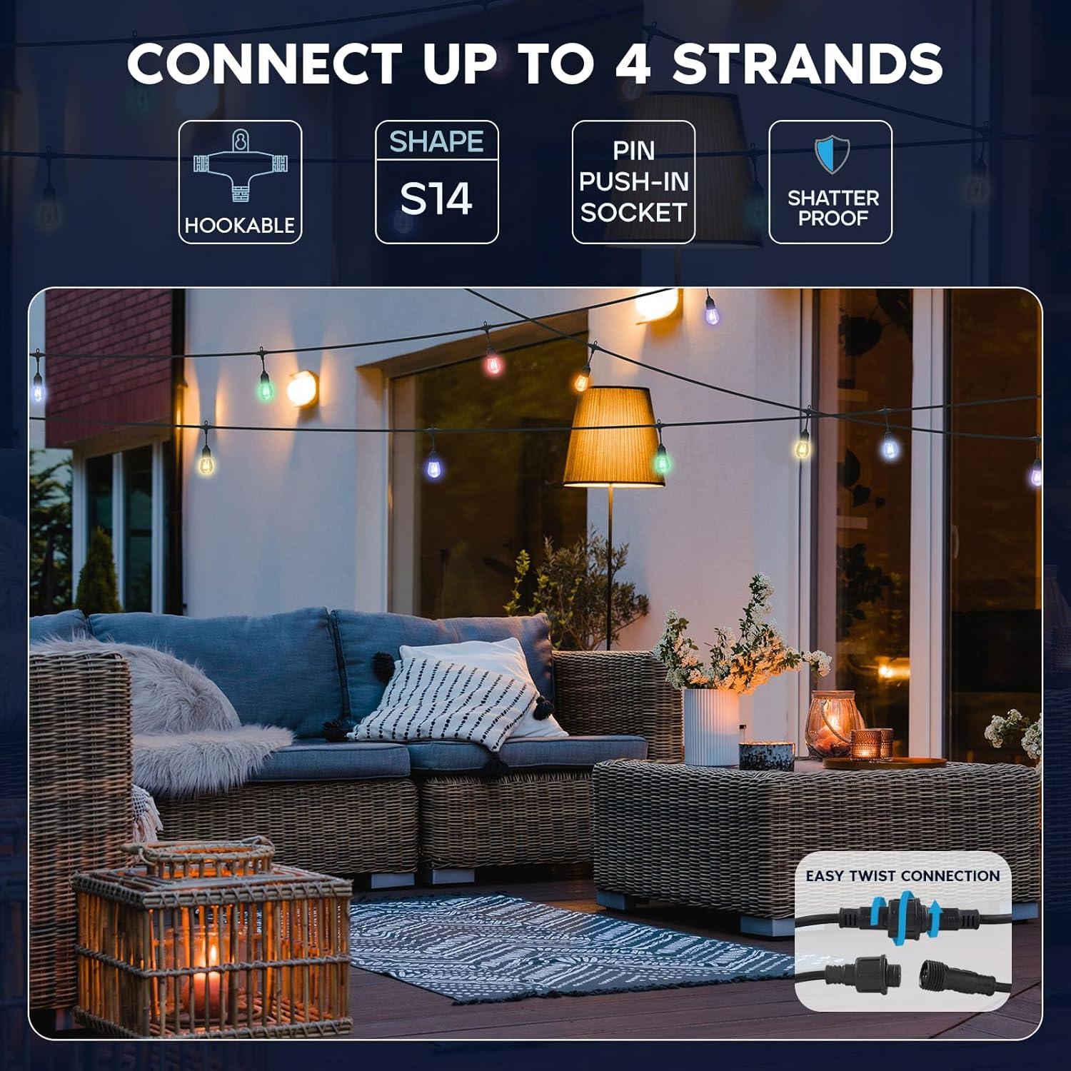 Luxrite 24FT LED RGBW Outdoor String Lights, Remote Control Color Changing Cafe Lights, Commercial Grade Waterproof, 12 Edison S14 Shatterproof Bulbs, IP65, Dimmable Outside Hanging Lights for Patio