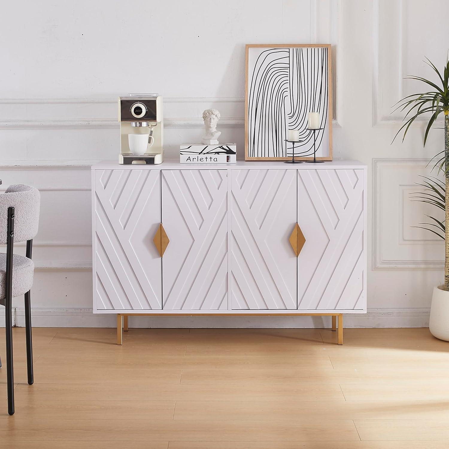 White Geometric 47.2" Modern Sideboard Cabinet with Gold Accents