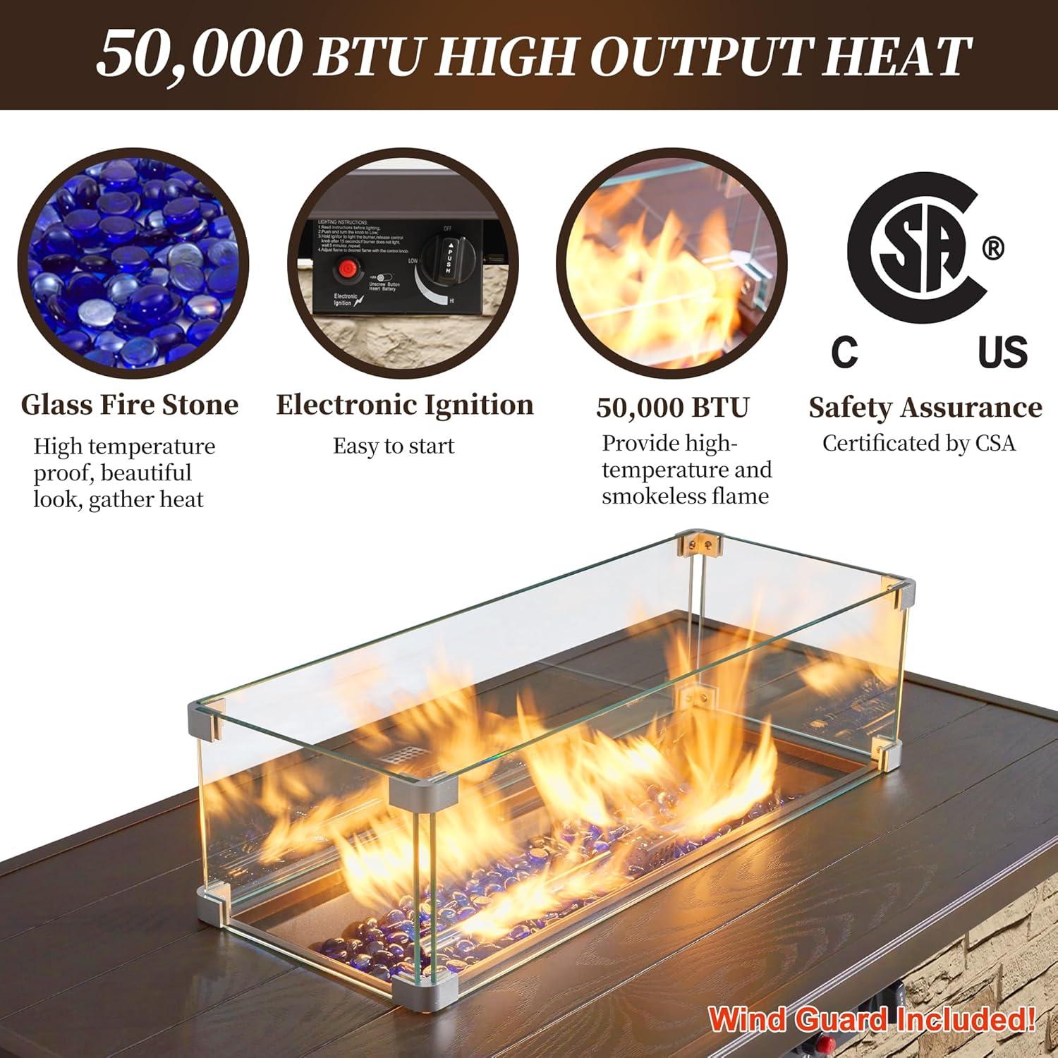 43" Propane Fire Pit Table Outdoor Stone Firepit Table Rectangular 50000 BTU Propane Fire Tables for Outside Patio with Wind Guard, Table Lid, Fire Beads, Cover,Pizzello Caldo (Buff)
