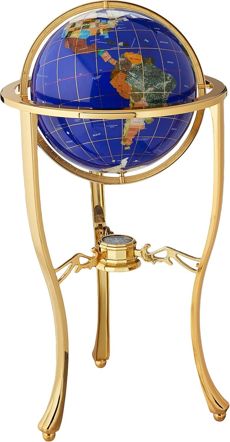 Unique Art 36-inch by 13-inch Floor-Standing Blue Lapis Gemstone World Globe Gold Tripod