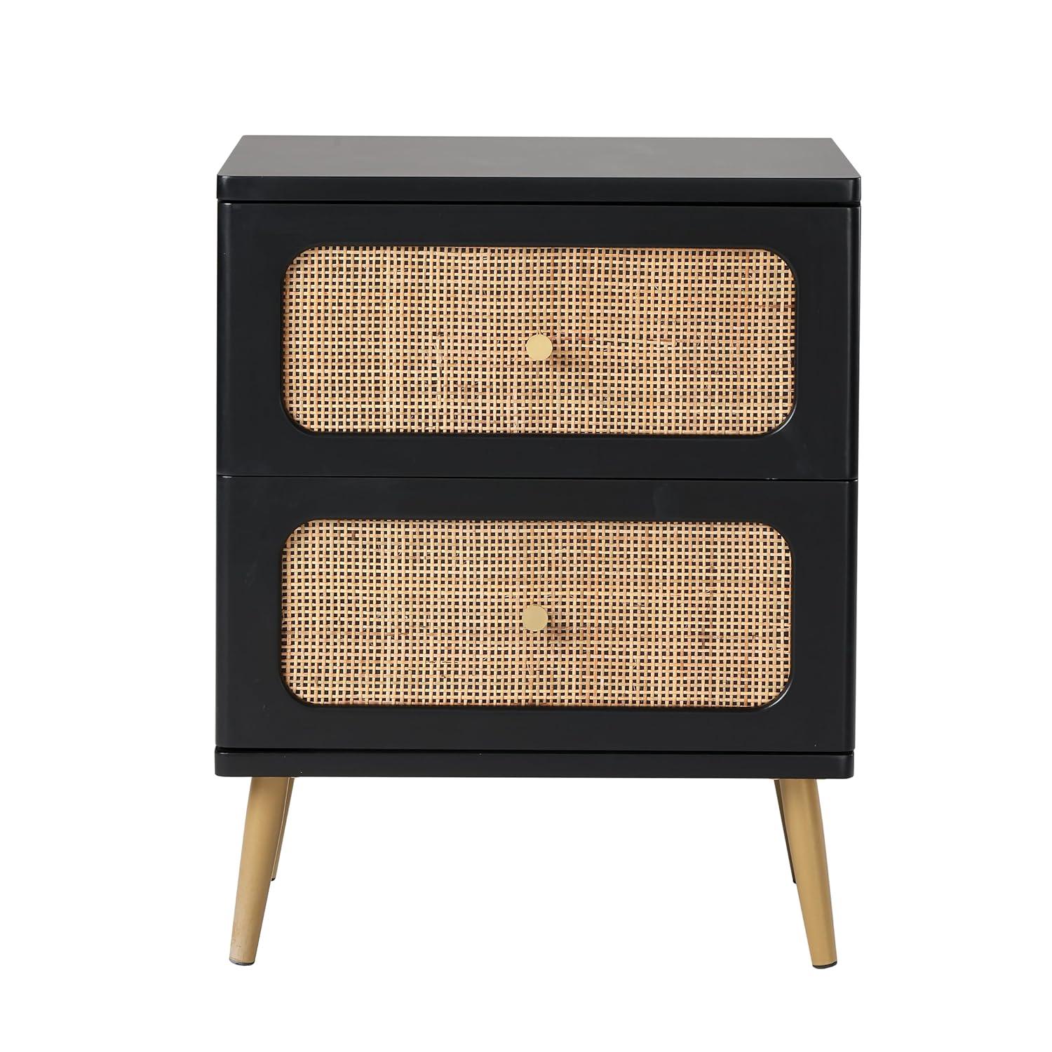 Black Wicker Rattan 2-Drawer Nightstand with Wooden Legs