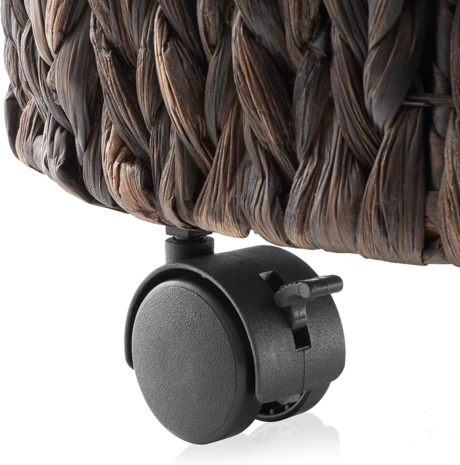Casafield Rolling Storage Basket - Espresso, Handwoven Hyacinth Rolling Hamper with Lid, Storage Bin on Wheels for Living Room, Bathroom, Laundry
