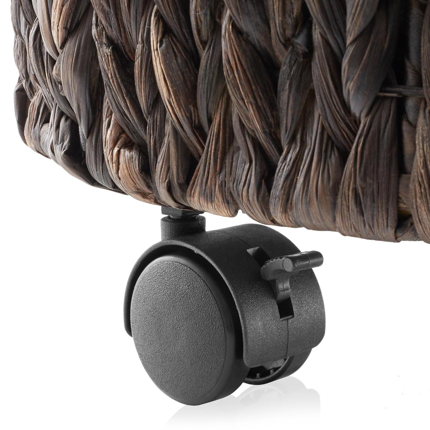 Casafield Rolling Storage Basket - Espresso, Handwoven Hyacinth Rolling Hamper with Lid, Storage Bin on Wheels for Living Room, Bathroom, Laundry