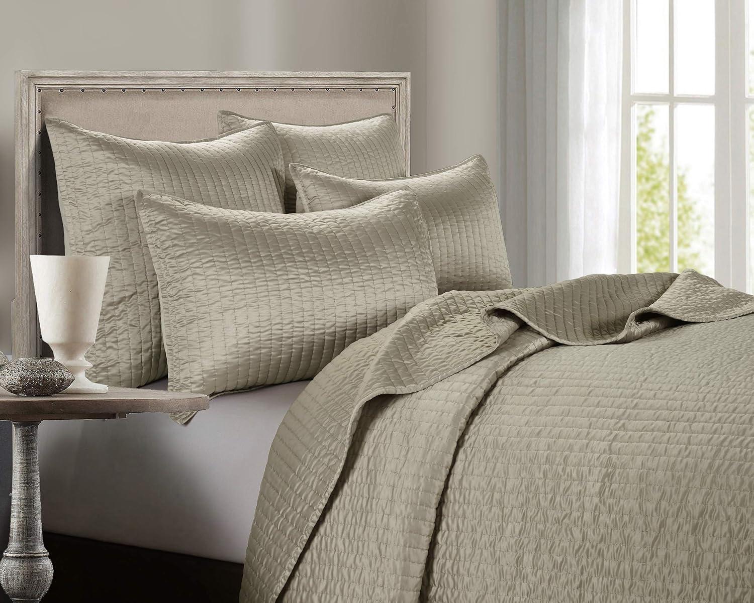 Twin Taupe Cotton Reversible Quilt Set with Pillow Shams