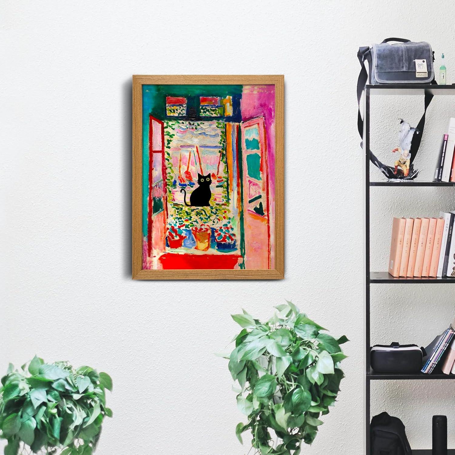 Henri Matisse Oil Paintings on Canvas Wall Art Matisse Famous Open Window Black Cat Poster Funny Cat Floral Print Colorful Farmhouse Gallery Aesthetic Room Decor for Bedroom Bathroom 12x16in Unframed