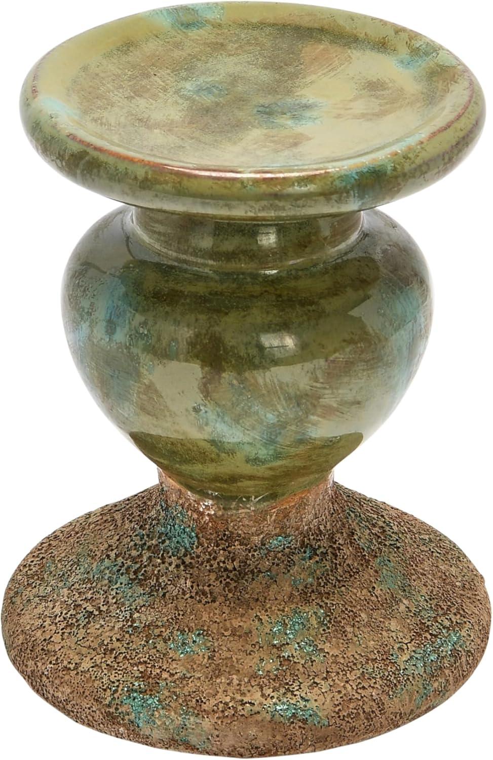 Distressed Green Ceramic Sculptural Pillar Candle Holder