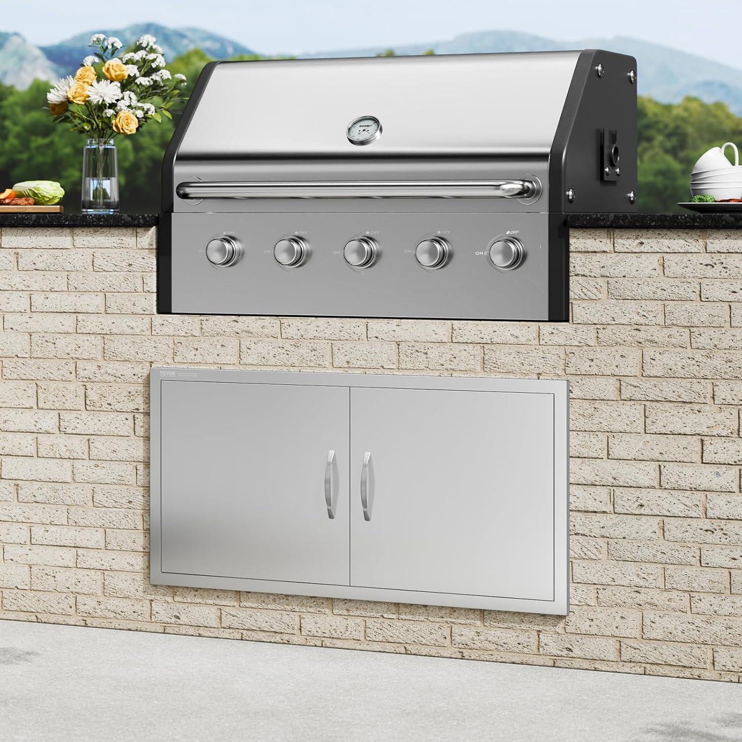 VEVORbrand BBQ Access Door 42W X 21H inch, Double BBQ Door Stainless Steel, Outdoor Kitchen Doors for Commercial BBQ Island, Grilling Station, Outside Cabinet