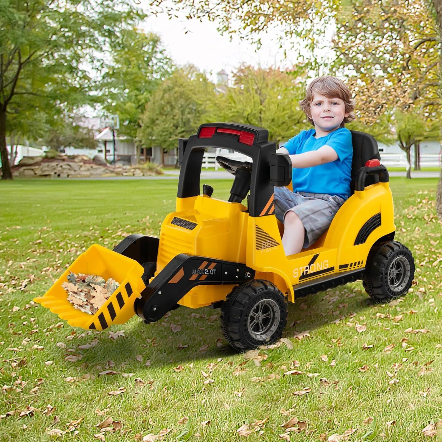 CIPACHO 12V Kids Ride On Construction Tractor with Electric Adjustable Bucket, 4WD Ride on Toys for Kids 3-8, Yellow