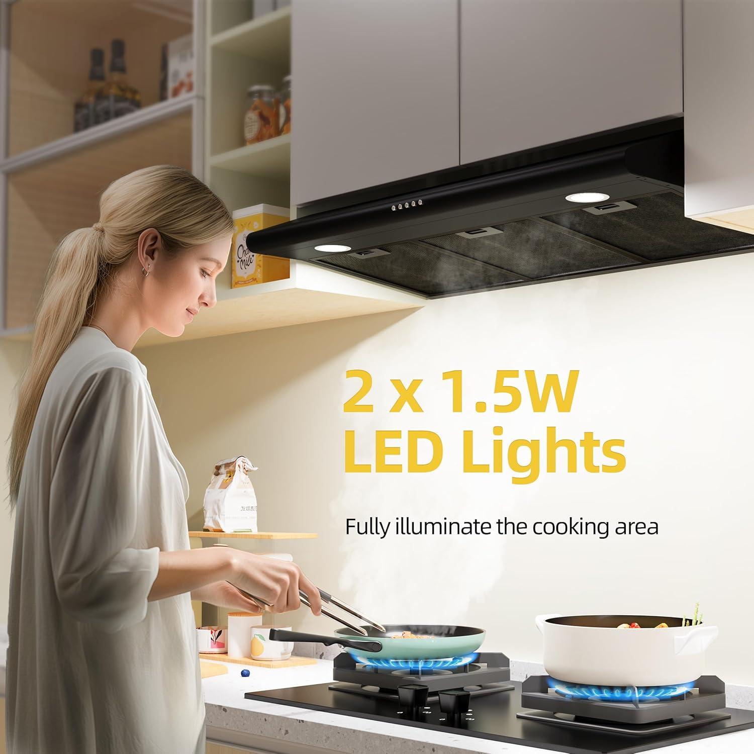 FIREGAS 36 inch Under Cabinet Range Hood 300CFM with Ducted/Ductless Convertible, Slim Kitchen Over Stove Vent, 3 Speed Exhaust Fan, Reusable Aluminum Filters, Push Button, Black