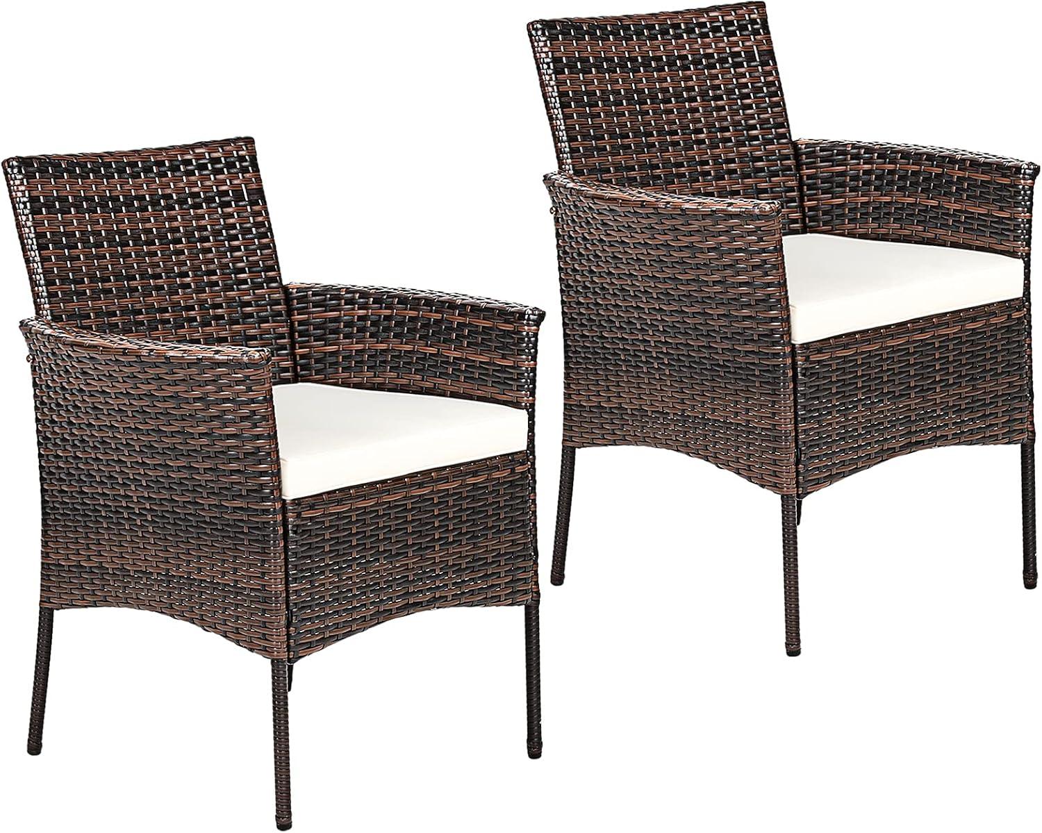 Tangkula Outdoor 2 PCS Rattan Dining Chair Patio Cushioned Arm Chair w/Zipper Brown