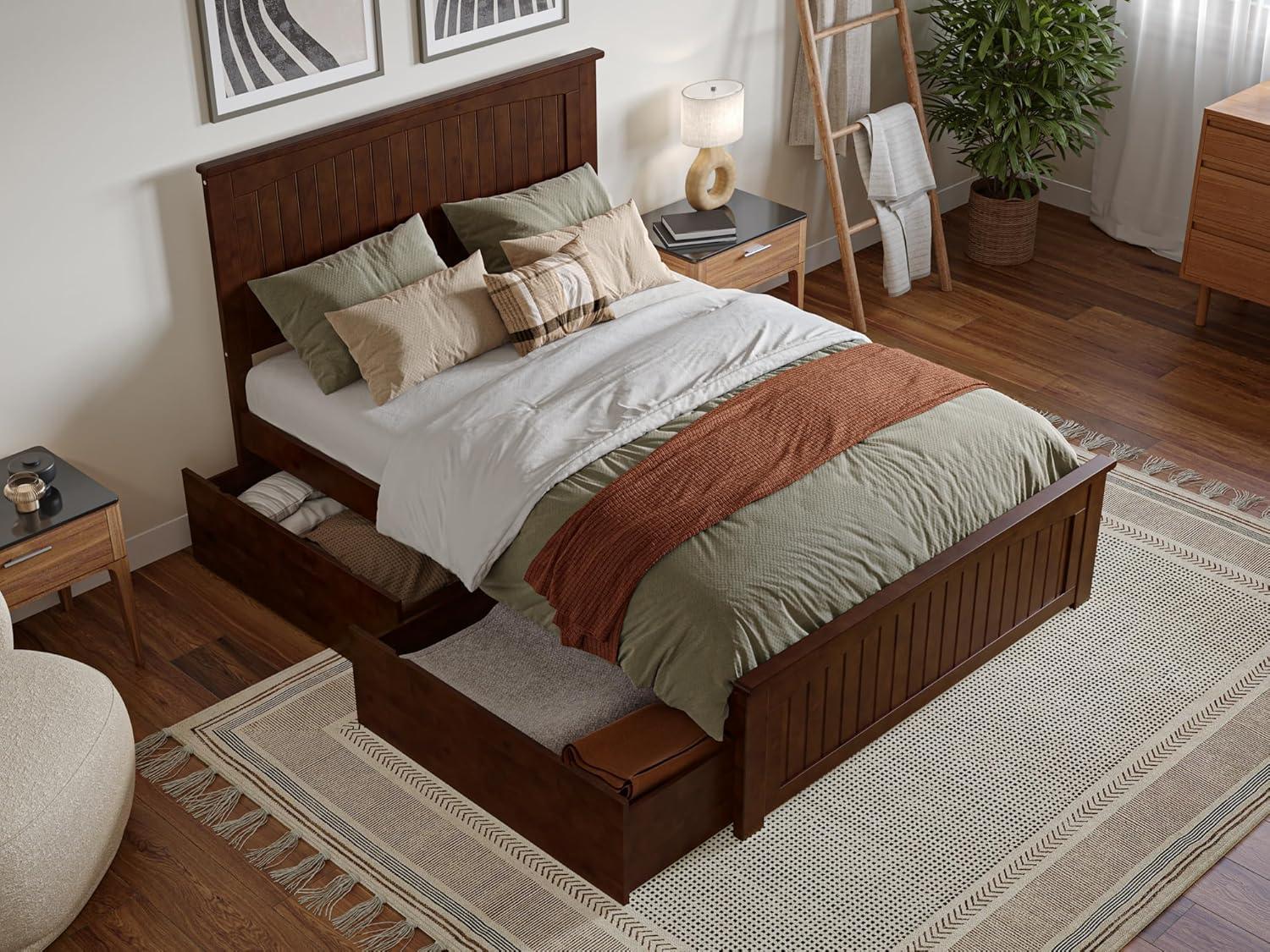 AFI Nantucket Full Wood Platform Bed with Matching Footboard and Storage Drawers, Walnut