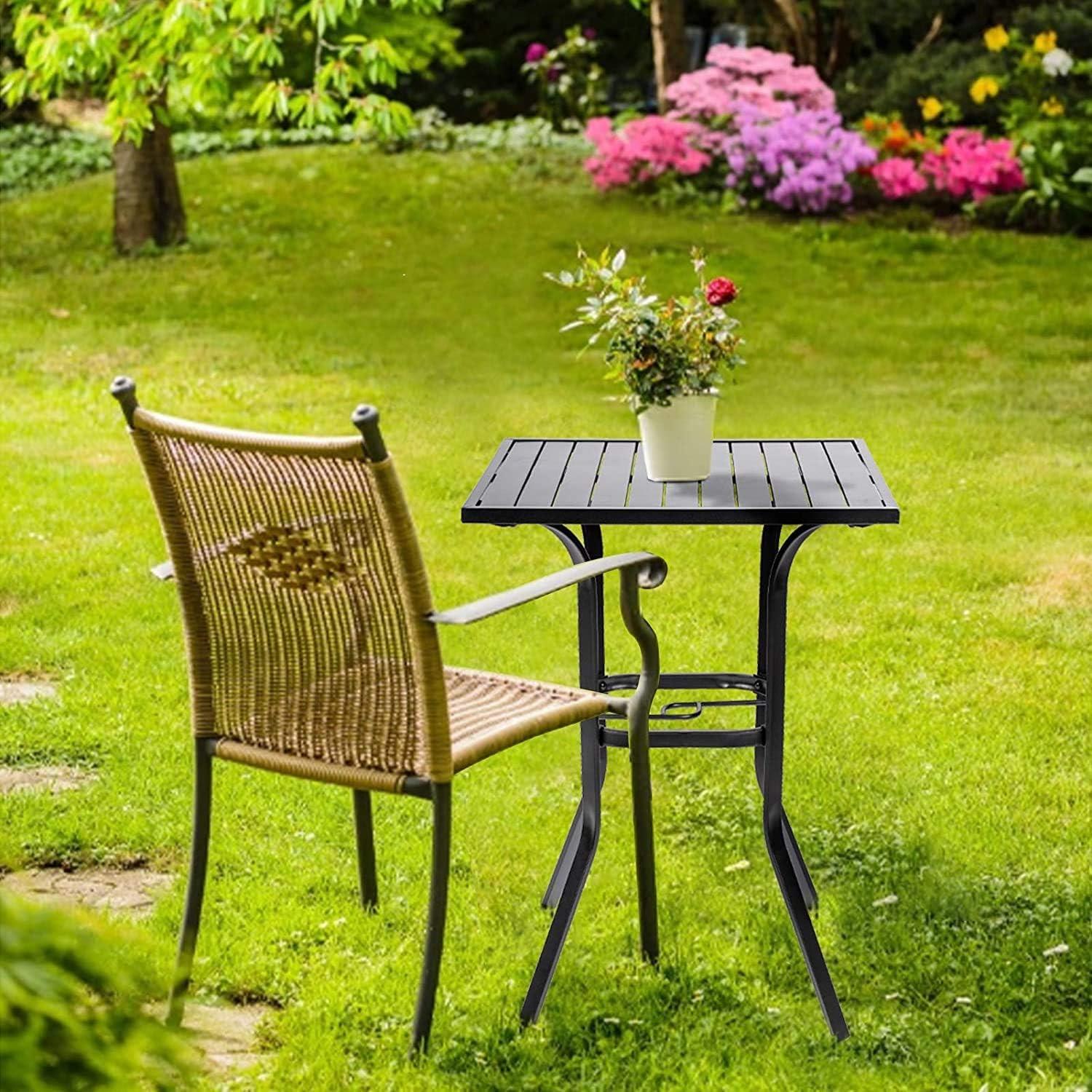 Patio Height Bar Table, Outdoor Bistro Square High Top Dining Table with 1.57'' Umbrella Hole & Steel Slat Table Top (Black)