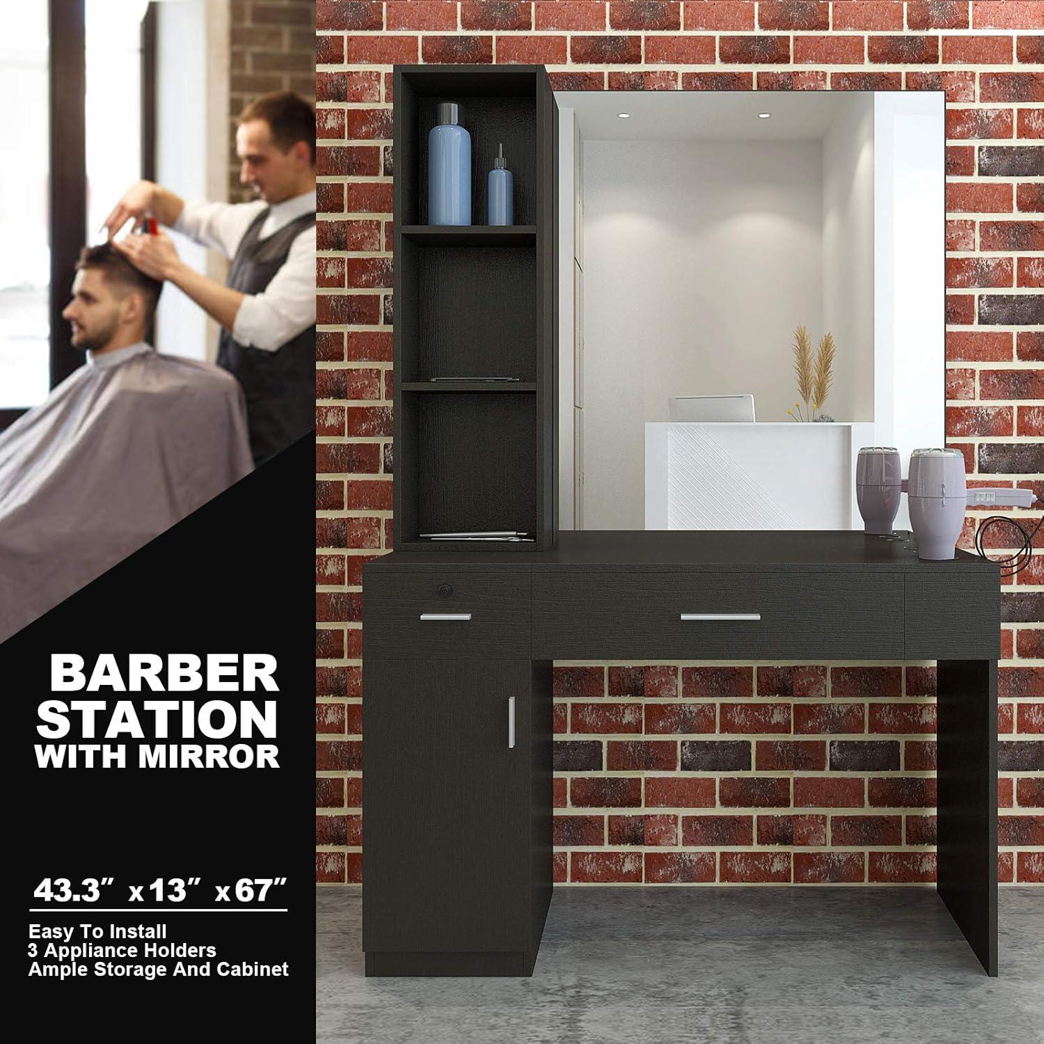 Artist Hand Wall Mount Salon Barber Station Styling Beauty Spa with Mirror, Left Shelf (Black)