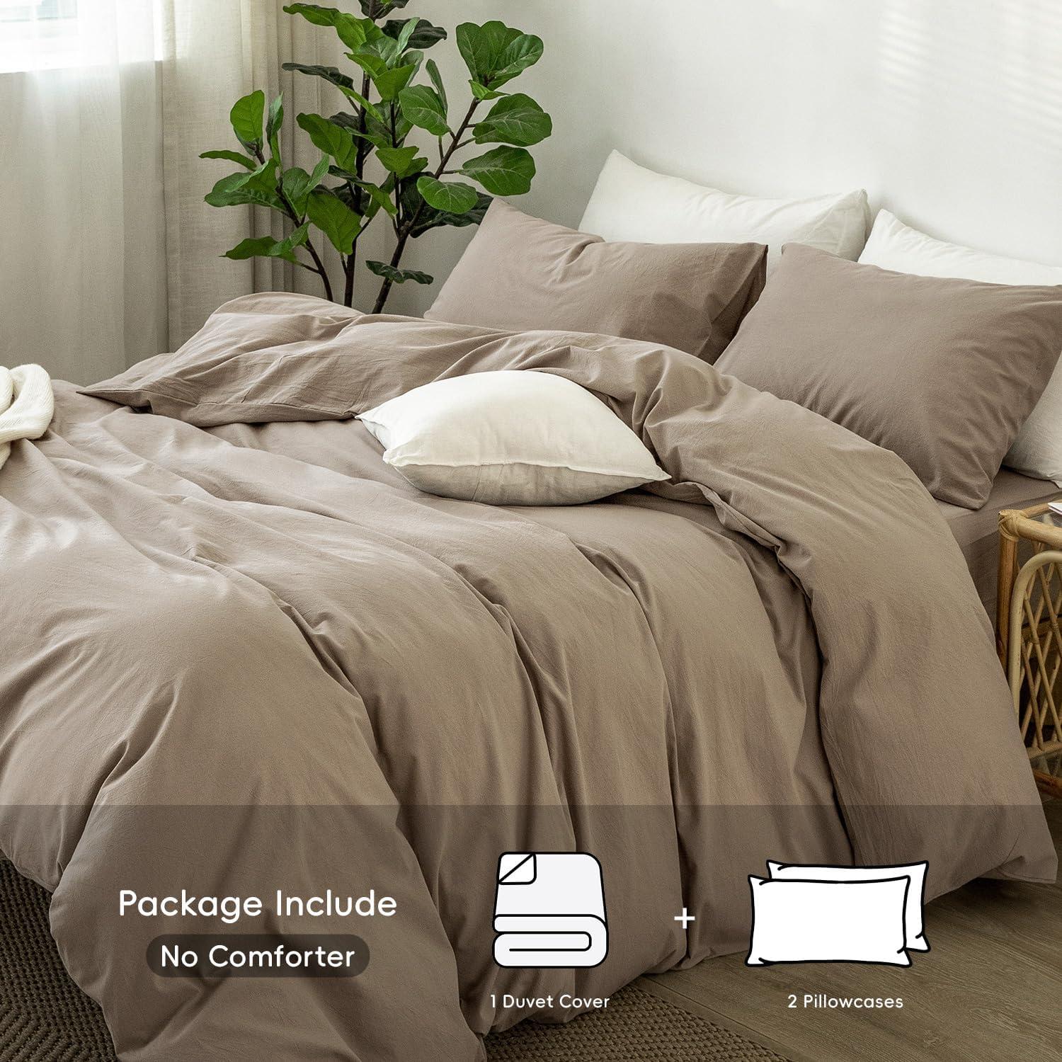 MooMee Washed Cotton Duvet Cover Set Linen Like Textured Breathable 3-Piece (Brown, Queen)