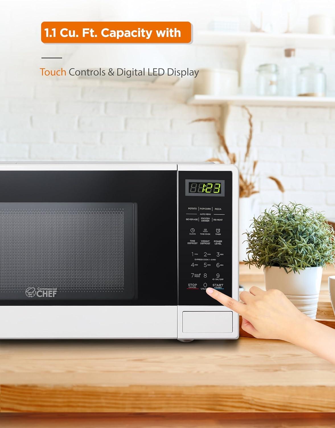 COMMERCIAL CHEF 1.1 Cu Ft Microwave with 10 Power Levels, Small Microwave with Push Button