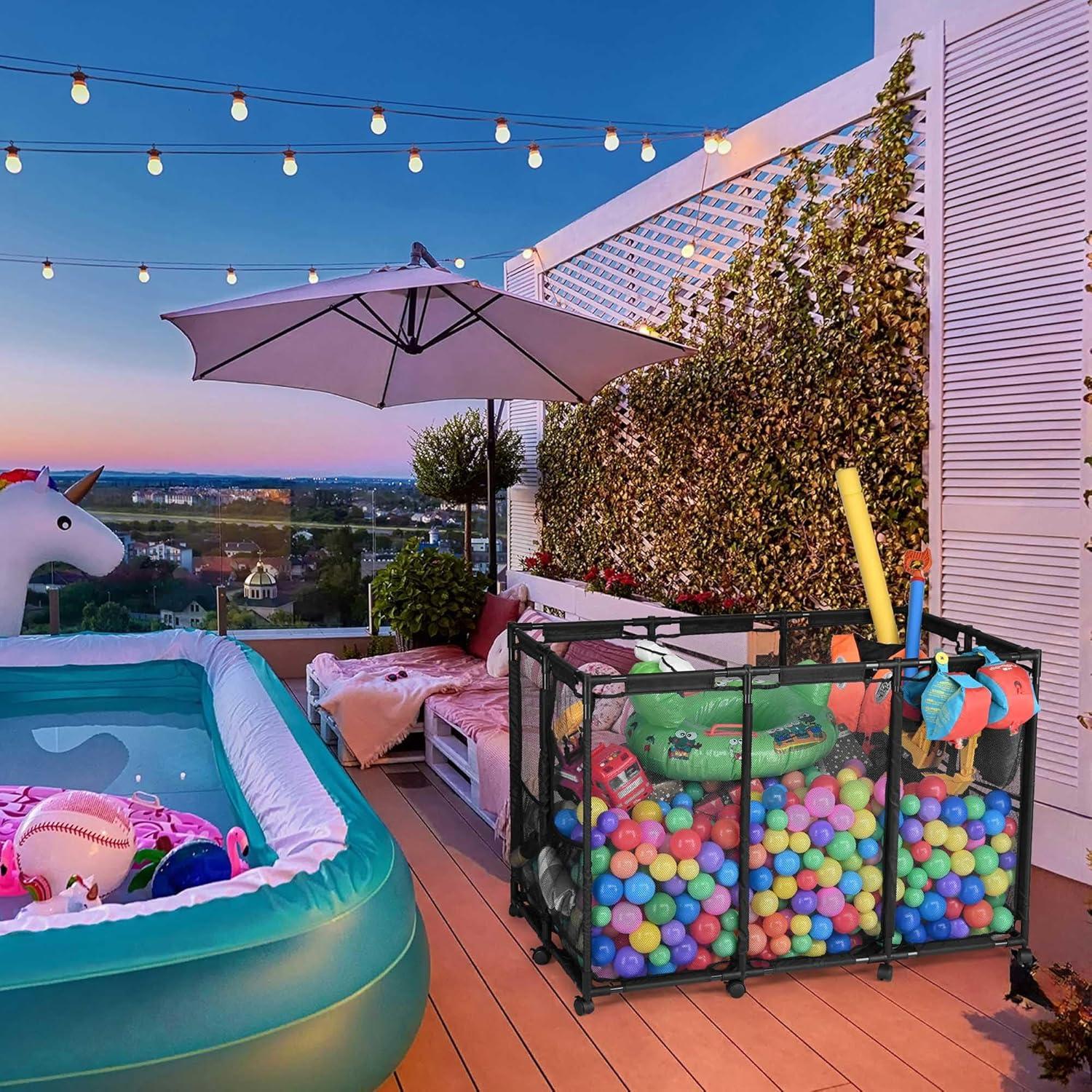 Yescom Metal Frame 10 Wheels Rolling Mesh Pool Storage Bin Pool Floats Storage Organizer for Pool Toys Balls Pool Noodles, Blue
