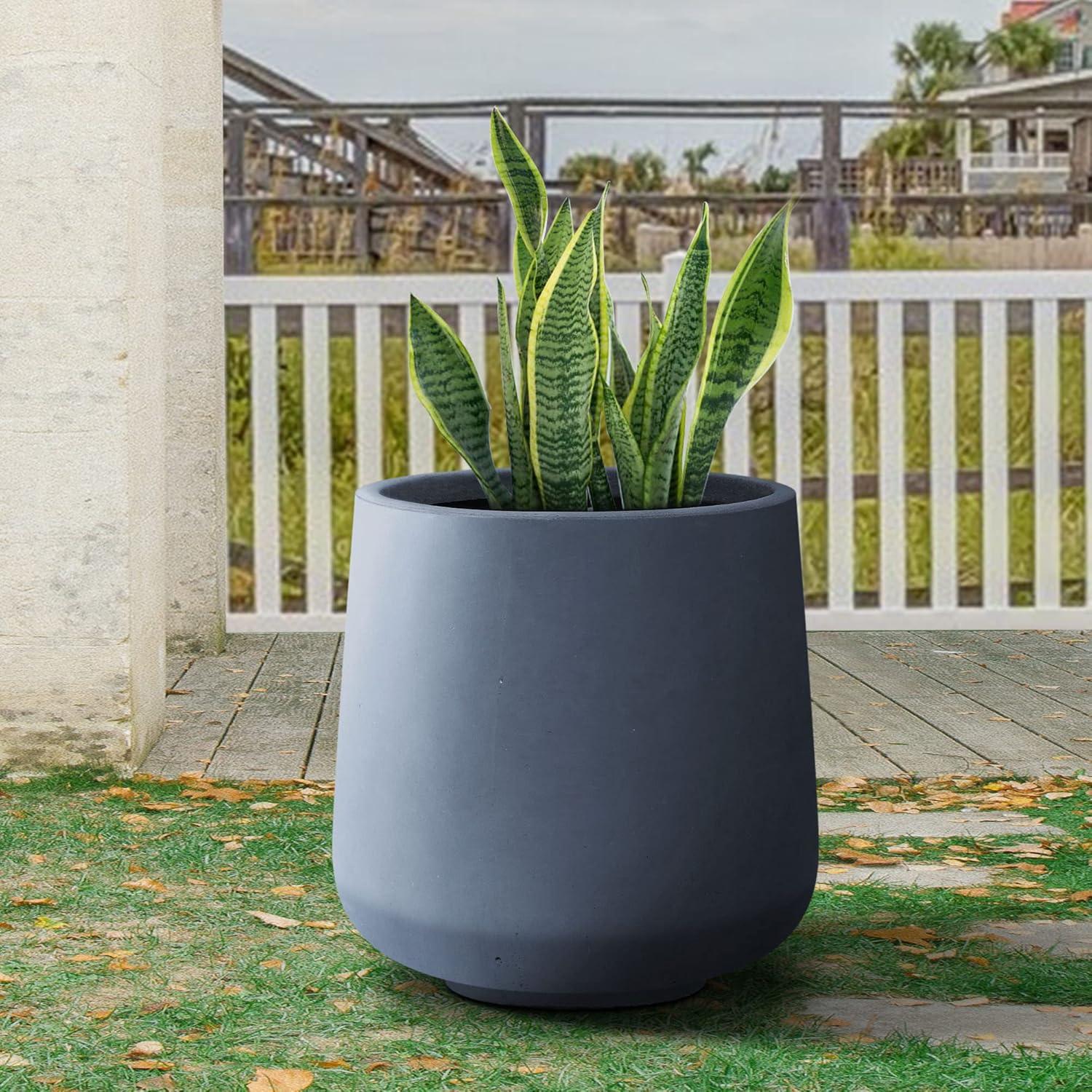 Charcoal Round Concrete Planter with Soft Curves, 20"