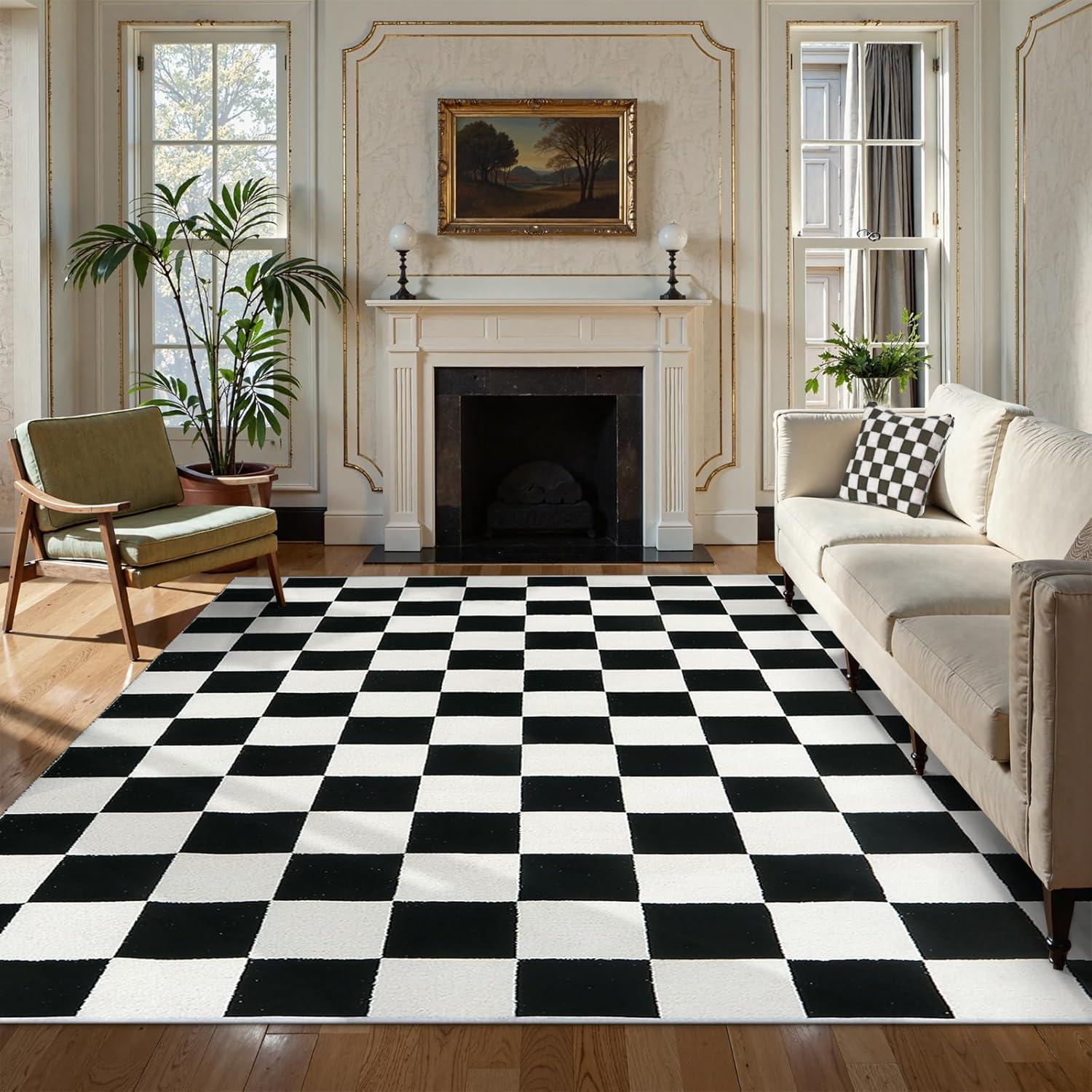 Luxe Weavers Checkered Black and White Geometric 8x10 Area Rug