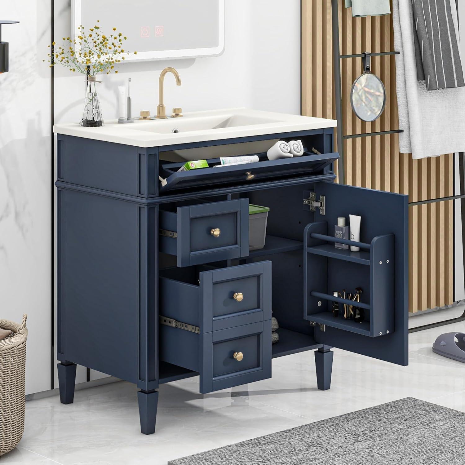 Bathroom Vanity with Sink, Solid Wood MDF, Modern Storage Cabinet with Tip-out Drawer, Amber Storage System, Soft Close Drawers, Blue
