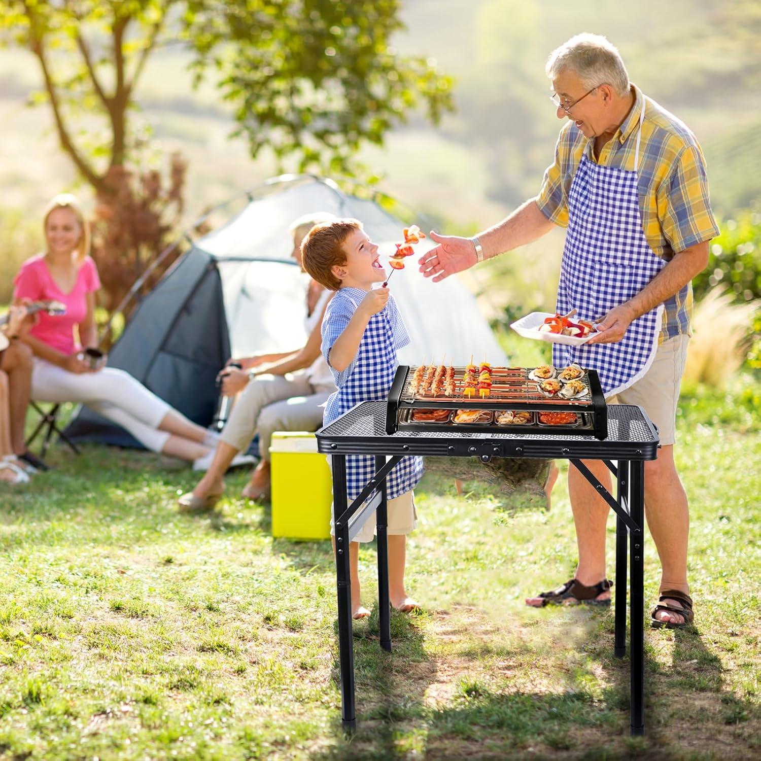 Folding Grill Table Camping Table with Mesh Desktop, Lightweight & Portable Outdoor Picnic Table, Height Adjustable Portable Grill Table for Outside Inside Use