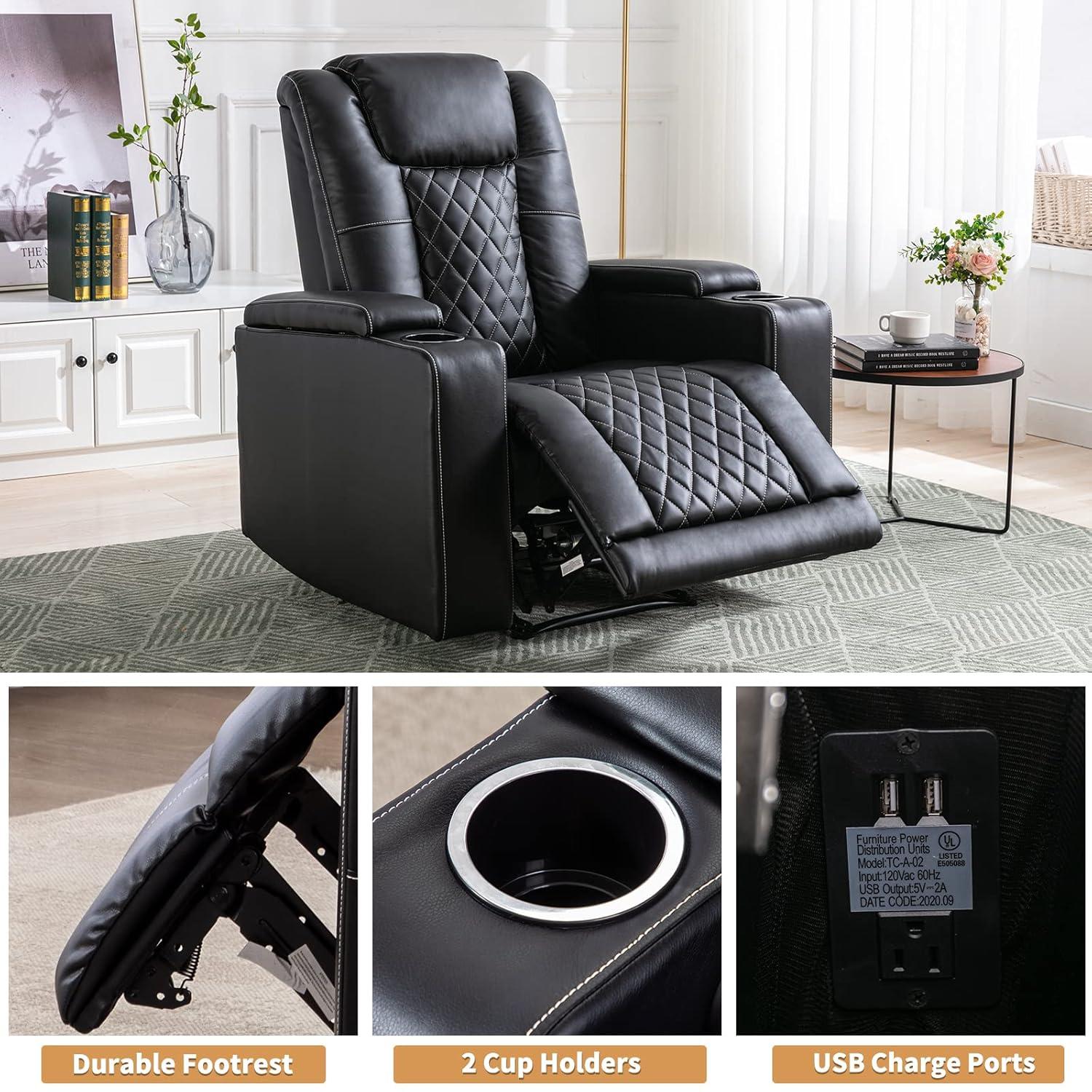 Bonzy Home Electric Power Recliner Chair Soft Air Breathable Leather Reclining for Adults with USB Ports and Cup Holders, Black Home Theater Seating with Hidden Arm Storage Movie & Media Room Chairs