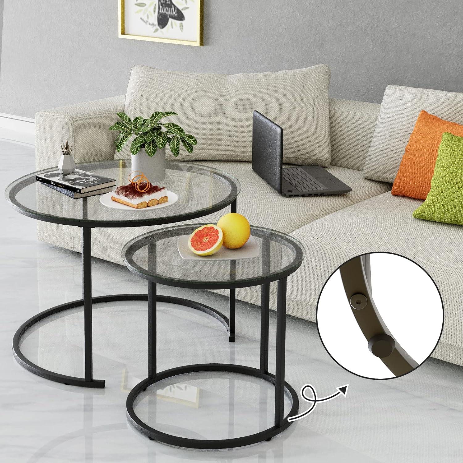 Nesting Coffee Table Set of 2,Modern Black Tempered Glass Side Table, Metal Frame Round End Table.Small Glass Tea Table for Living Room,Bedroom Studio Apartment Essentials，17.7IN