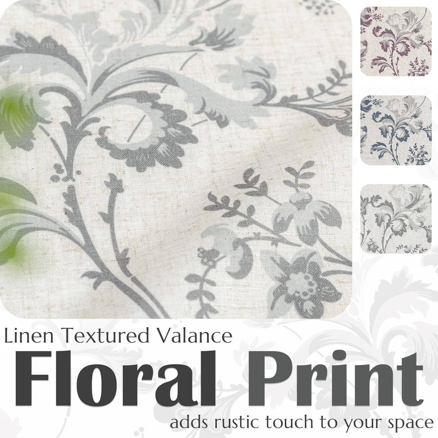 jinchan Linen Valance Curtain Farmhouse Window Decor Gray Floral Print for Kitchen Living Room Double Layer Blackout Valance 16 Inches Rustic Window Treatment 1 Panel Rod Pocket Grey on Beige