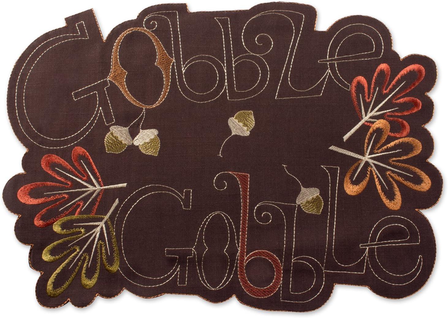 4pk Gobble Embroidered Placemat Brown - Design Imports: Machine Washable, Leaf Pattern, Novelty Shape