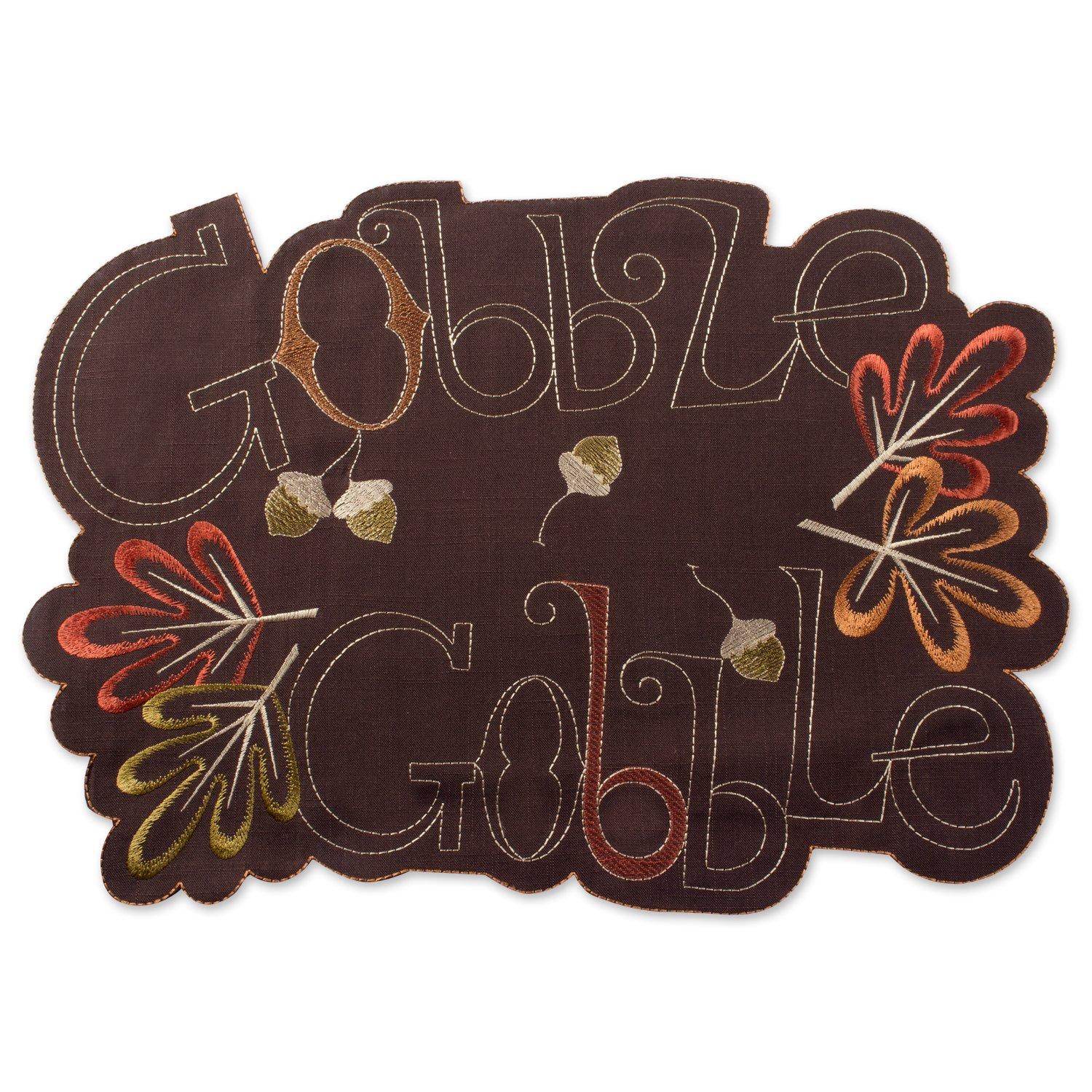 4pk Gobble Embroidered Placemat Brown - Design Imports: Machine Washable, Leaf Pattern, Novelty Shape