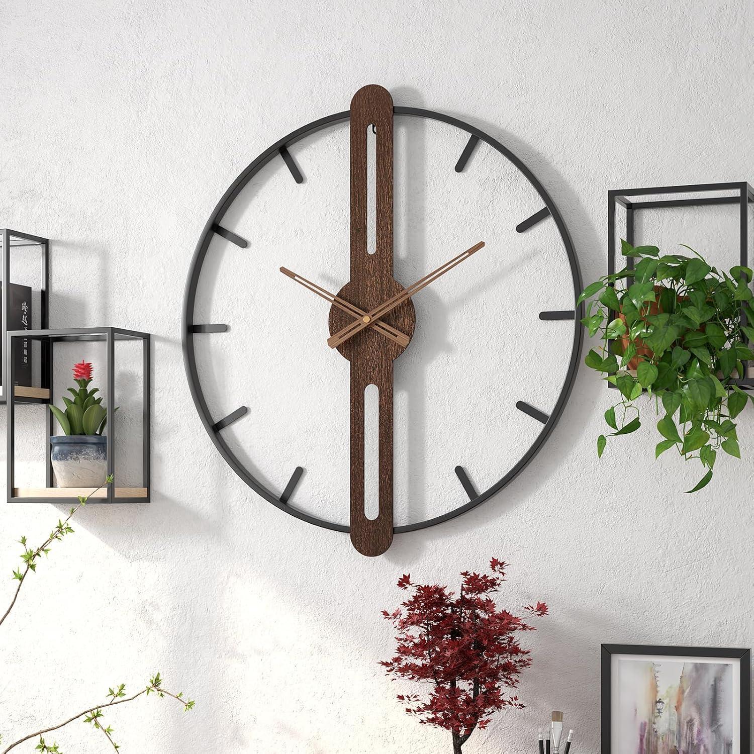 Modern Walnut and Metal Frame Silent 22.5" Wall Clock