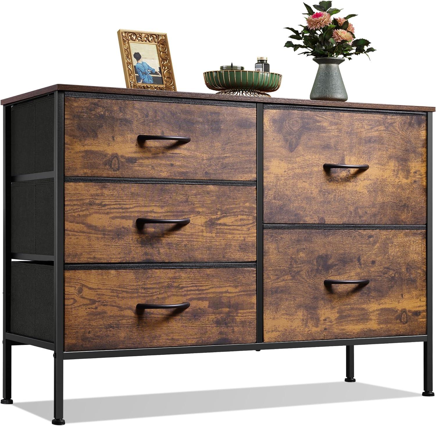 WLIVE Dresser for Bedroom with 5 Drawers, Wide Chest of Drawers for Bedroom, Fabric Dresser for Living Room, Closet, Hallway, Rustic Brown Wood Grain Print