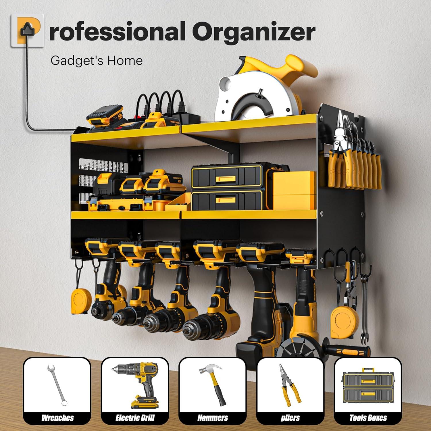 Spampur Power Tool Organizer Wall Mount with Charging Station, Garage Tool Shelf 6 Drill Holders, Tool Battery Holder with Plier holder Heavy Duty Rack, Tool Storage Rack with 4 Outlet Power Strip