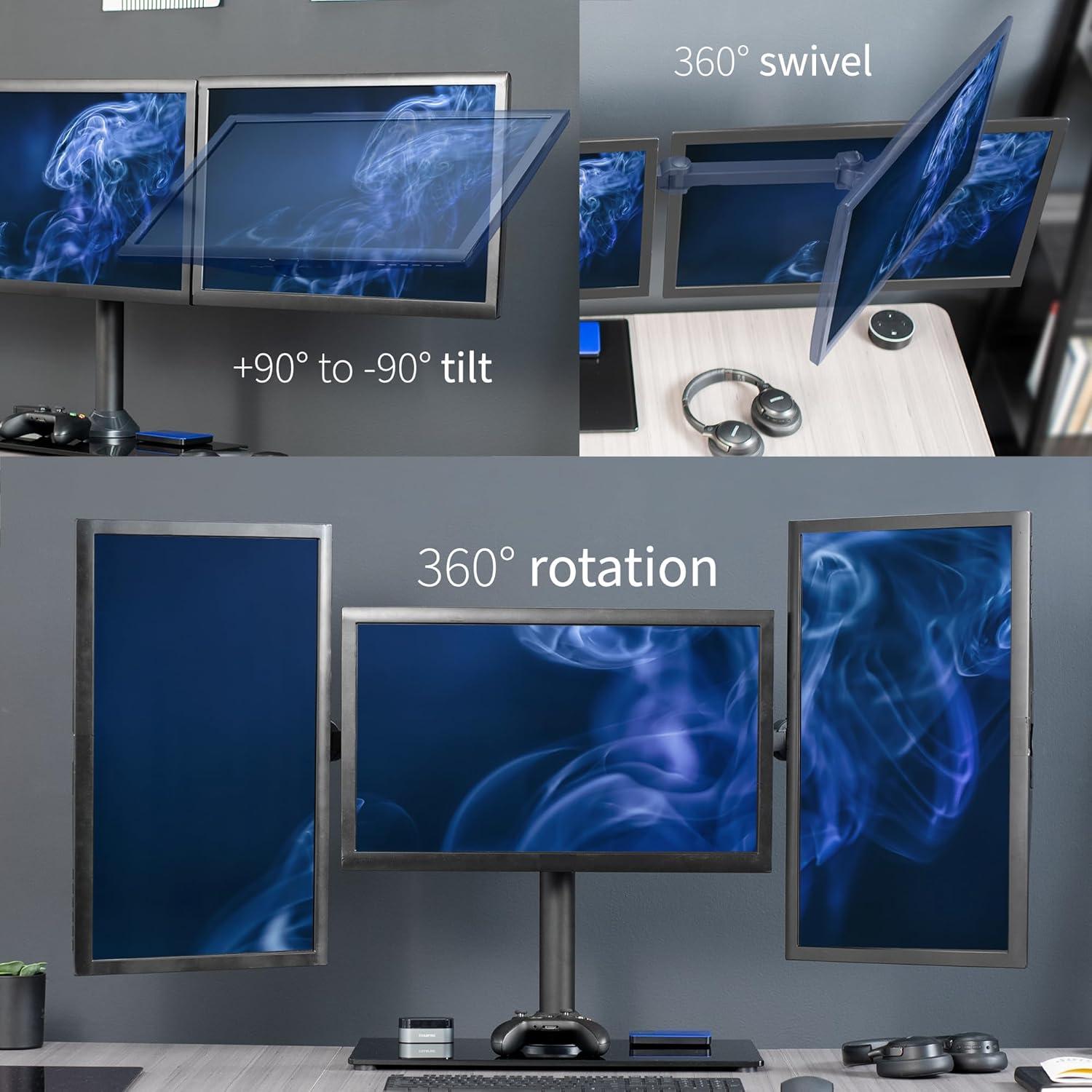 Black Triple Monitor Mount with Glass Base and Steel Arms