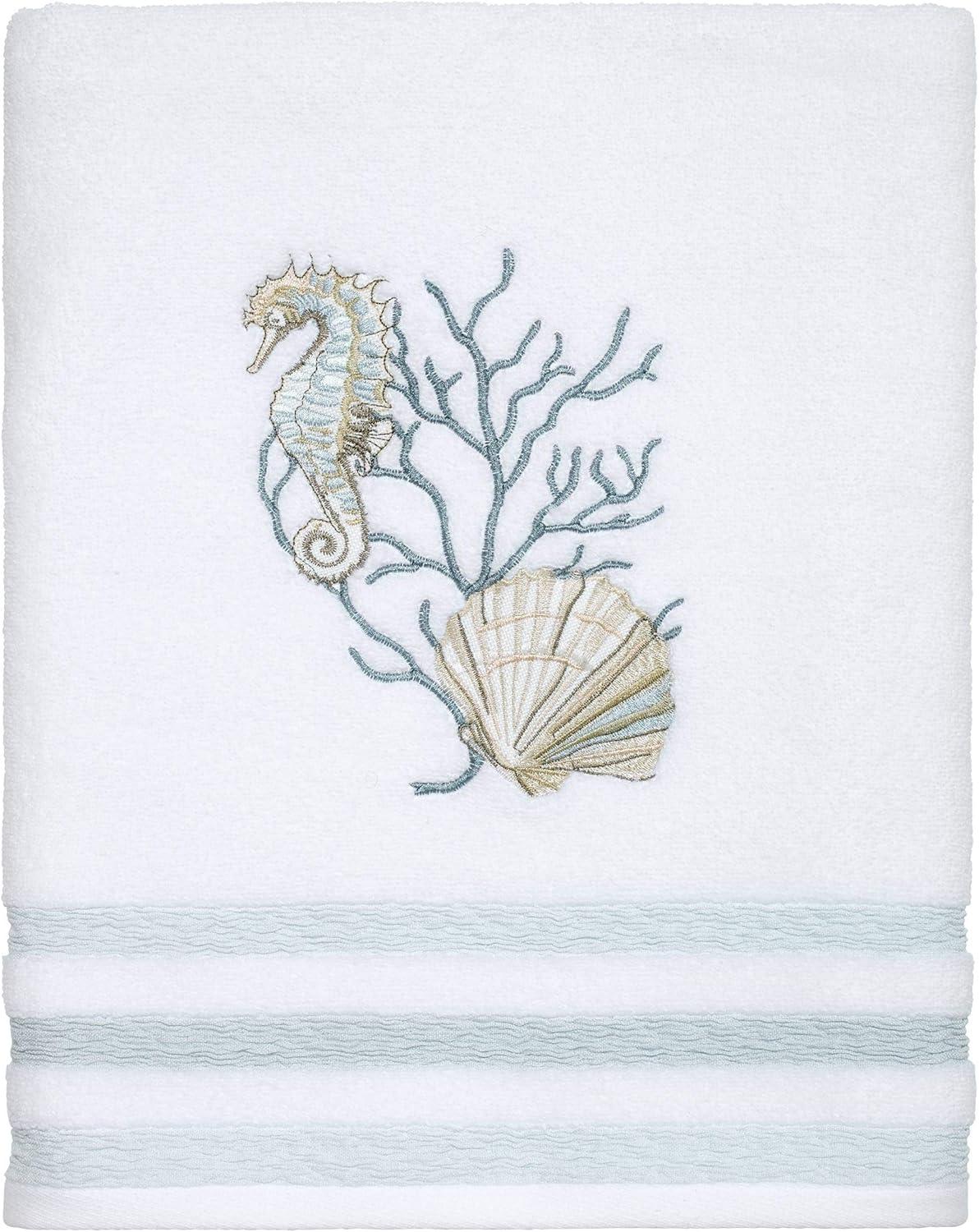 White Cotton Coastal Embroidered Bath Towel with Seahorse Design