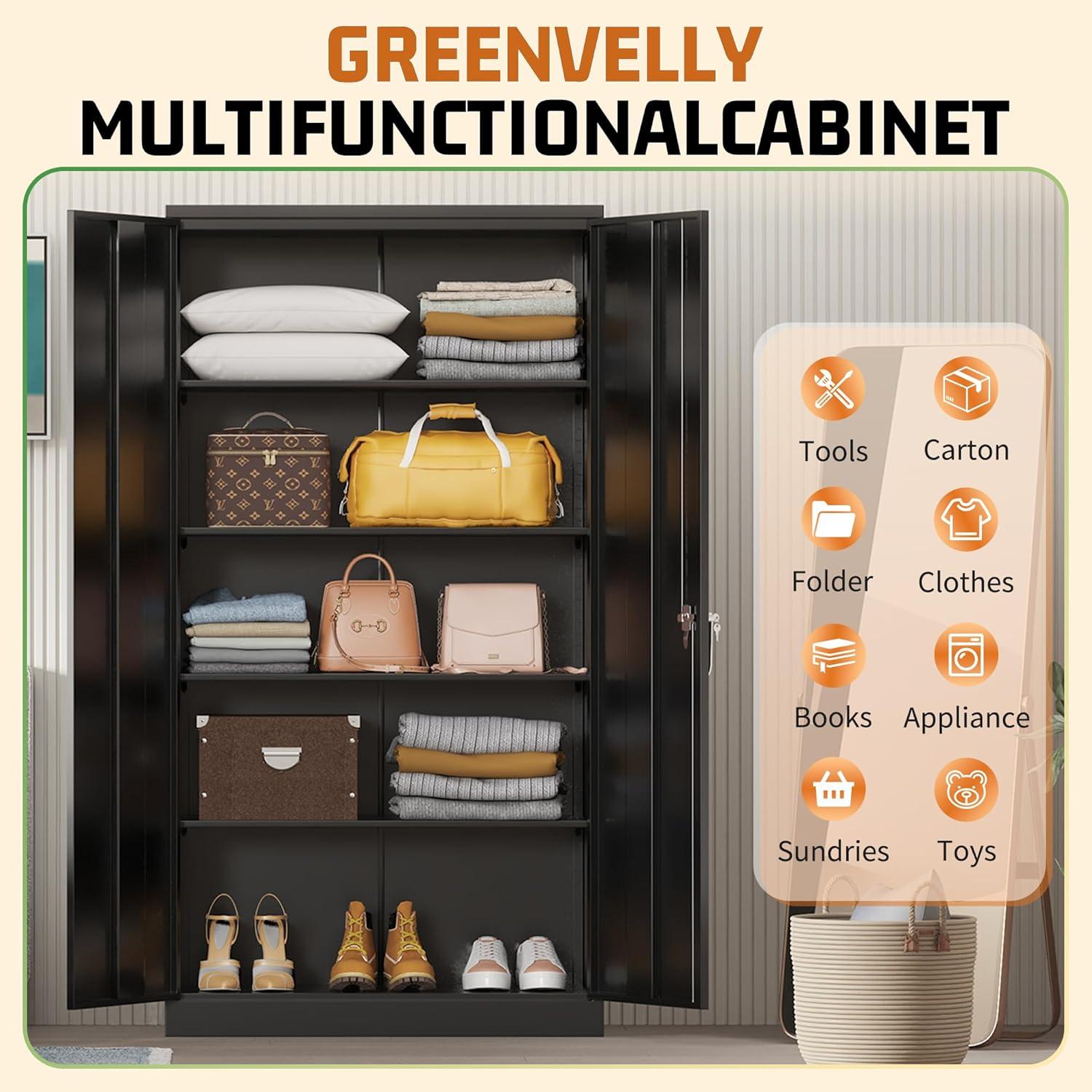 Greenvelly Metal Storage Cabinet with Lock, 72" H Black Metal Garage Storage Cabinet with Doors and 4 Shelves, Lockable Steel Tool Cabinets for Garage, Home, Office, Shop, School(36" W x 18" D)