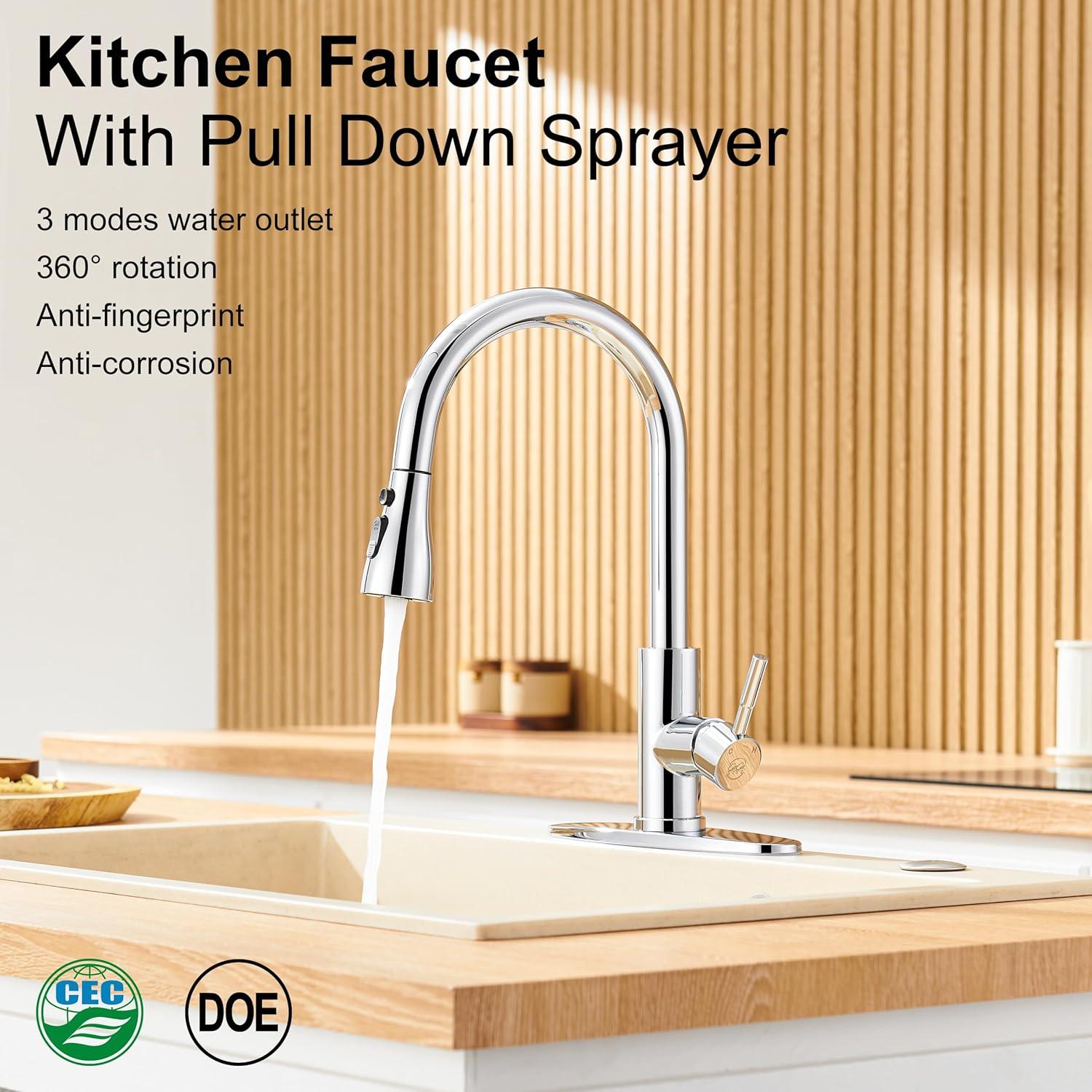 GAGALIFE Single Handle Pull Down Sprayer Kitchen Faucet High Arc Stainless Steel Faucet with 3-Function Sprayer JJL-CL-PT-SDP-C