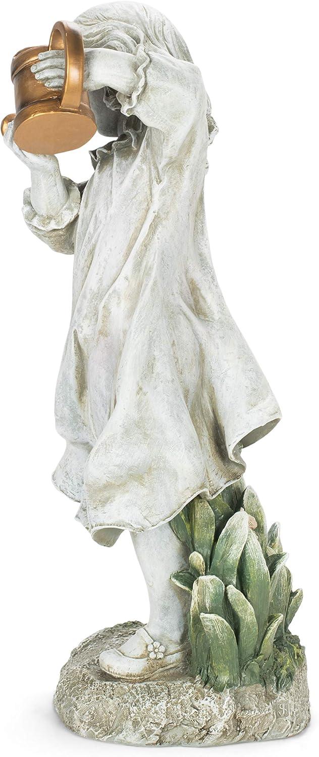 Gray Resin Girl with Bronze Watering Can Garden Statue