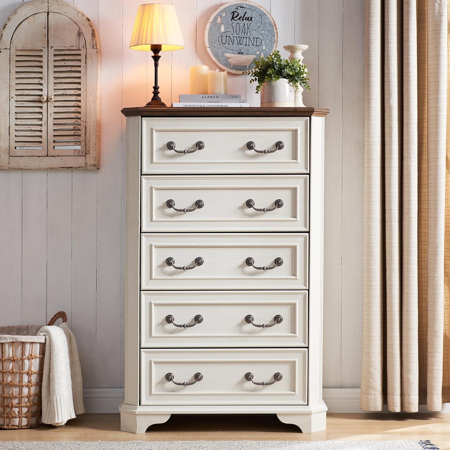 Theron Farmhouse 5 Drawer Bedroom Dresser, Wood Tall Chest of Drawers, Closet Storage for Bedroom