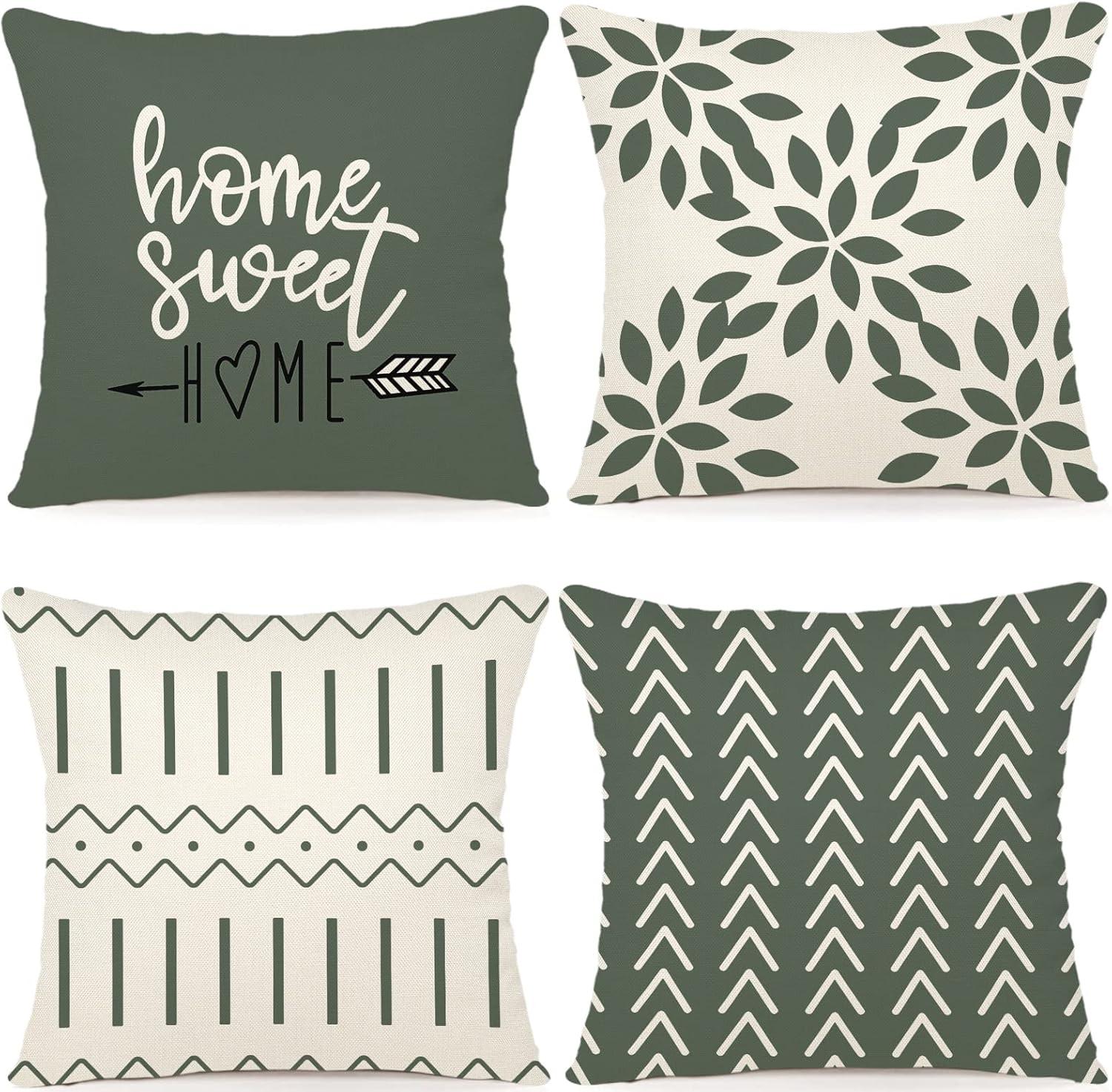 YCOLL Pillow Covers 16x16 Set of 4, Modern Sofa Throw Pillow Cover, Decorative Outdoor Linen Fabric Pillow Case for Couch Bed Car, Aqua Green