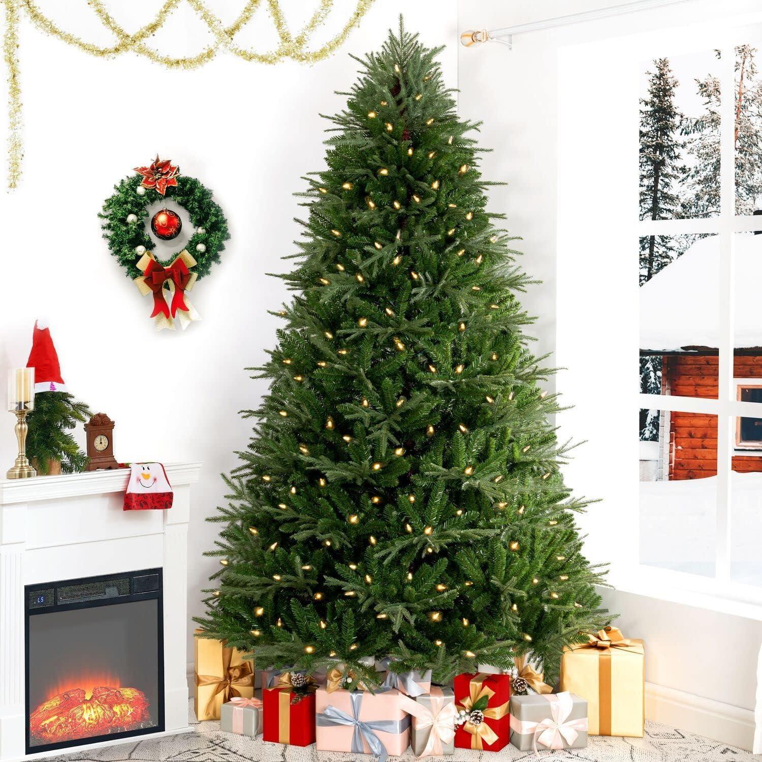 Camden 7.5ft Prelit Artificial Christmas Tree with Foot Pedal, 2755 Branch Tips, 600 Warm Lights and Metal Stand, 58" wide Realistic Hinged Christmas Tree with Lights by Naomi Home